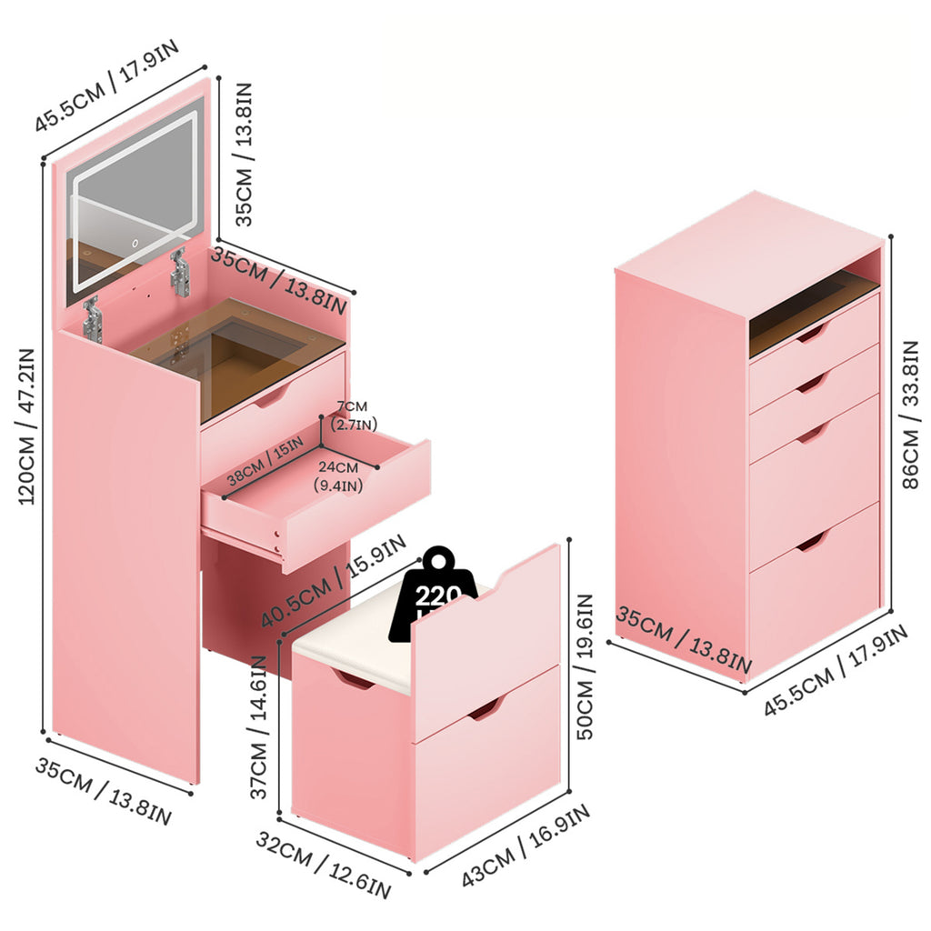Makeup Vanity with Lights, 3-in-1 Vanity Desk Set with HD Mirror, 2 Drawers & Hidden Storage Stool