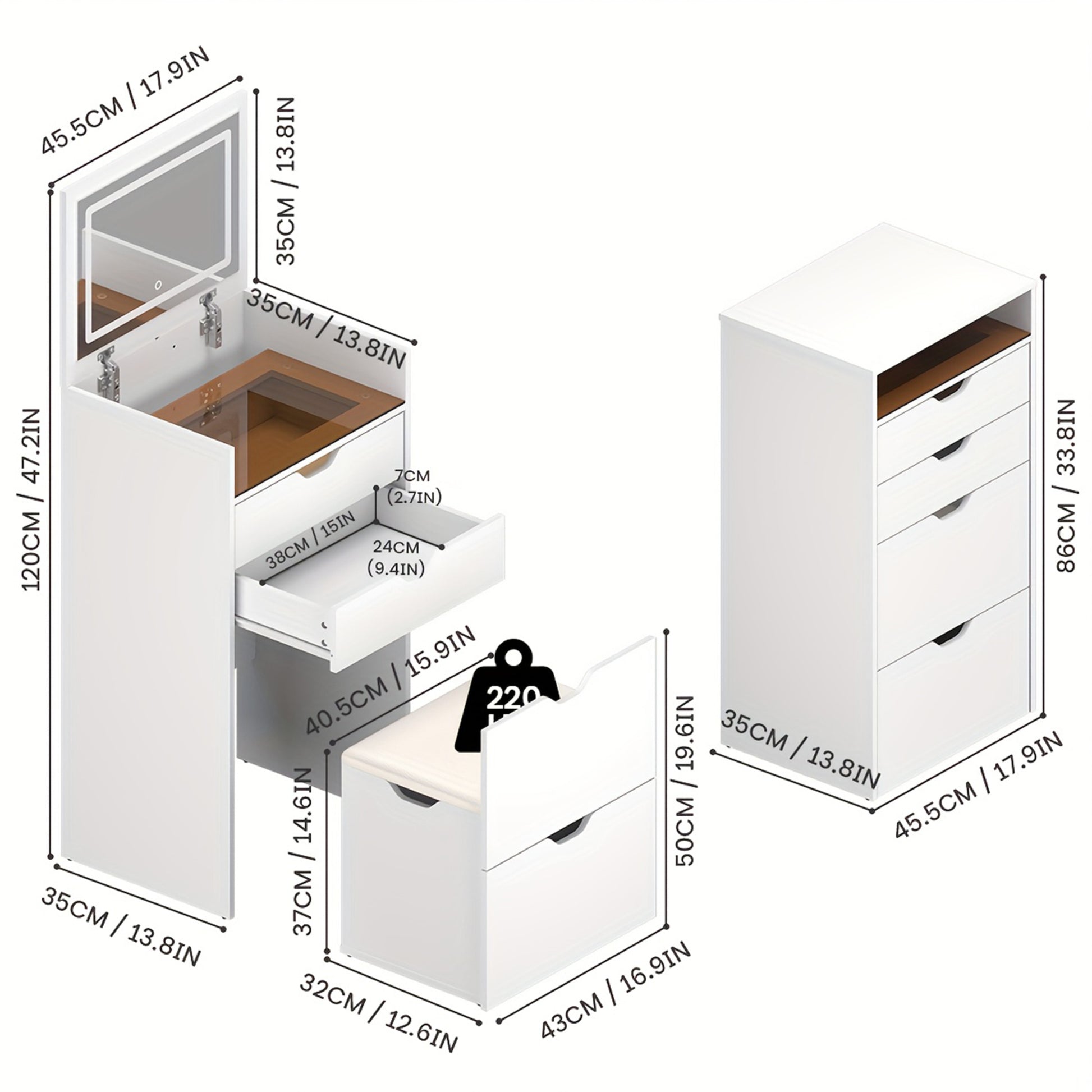 Makeup Vanity with Lights, 3-in-1 Vanity Desk Set with HD Mirror, 2 Drawers & Hidden Storage Stool