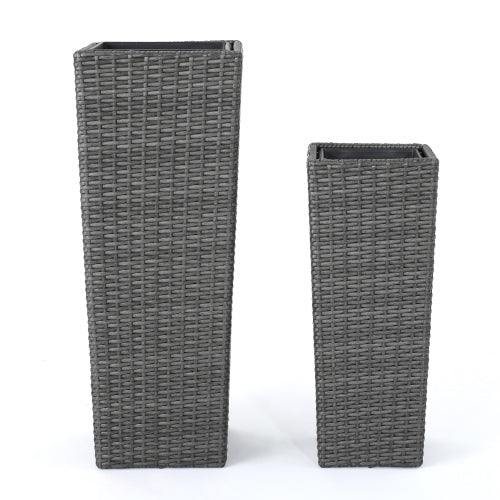 Set of 2 Wicker & Iron Frame Decorative Flower Pots, Tall Planter Set for Patio Garden Indoor Outdoor Use, Elegant Plant Pots for Herbs & Flowers