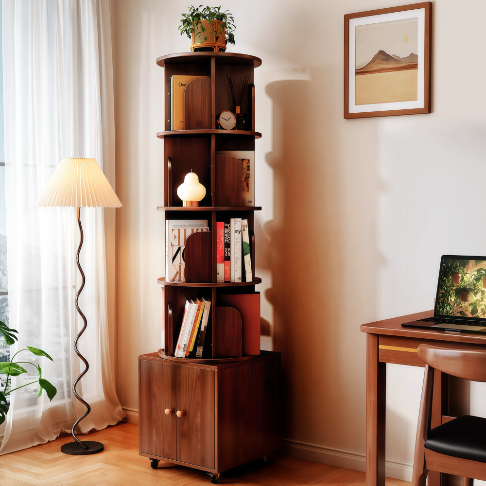 Chic Crate 360° Rotating 5-Tier Corner Bookshelf with Drawer, Narrow Floor Bookcase for Small Spaces