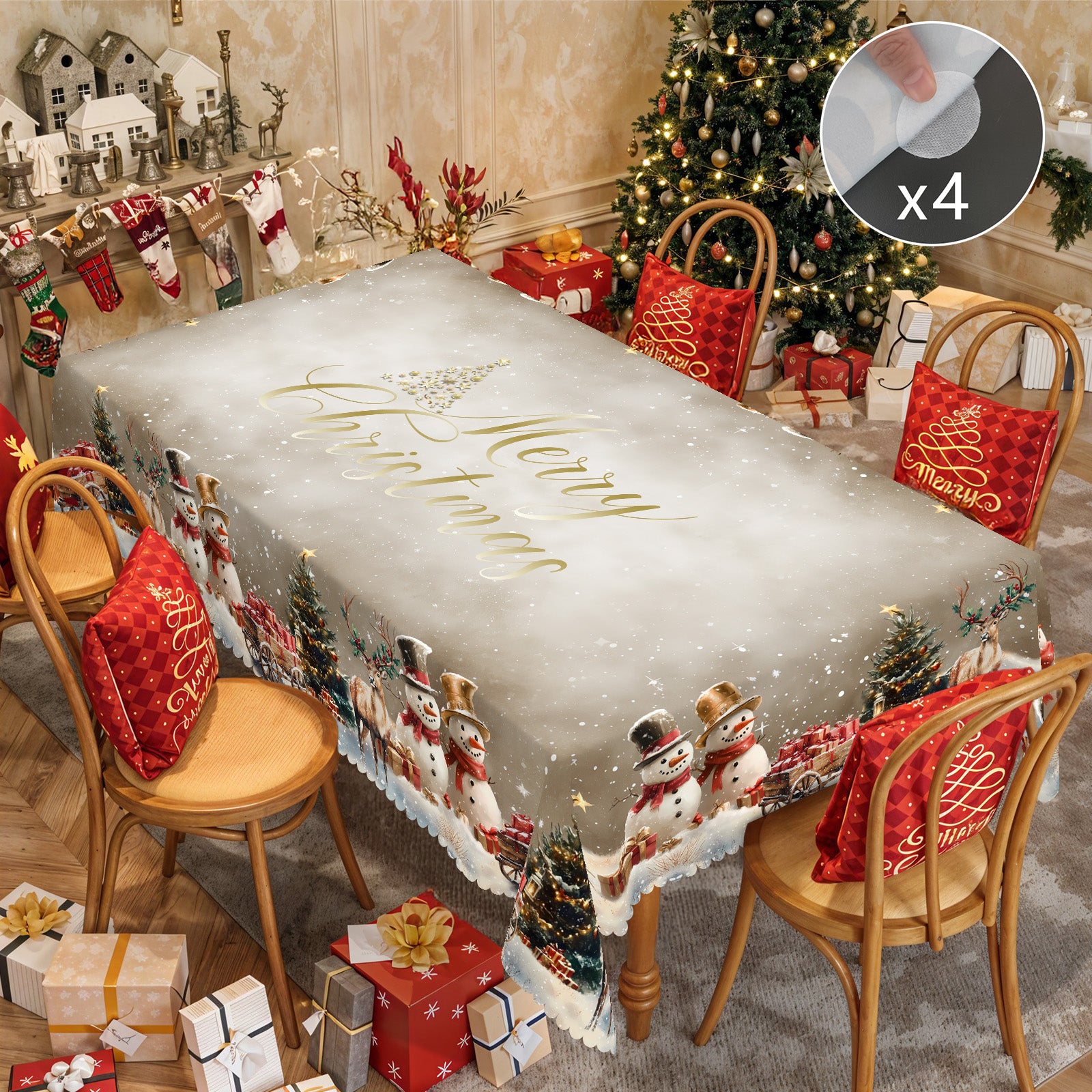 Christmas Tablecloth, Winter Snowman Christmas House Christmas Trees Tablecloth Washable Tablecloth for Party Picnic Dinner Decor