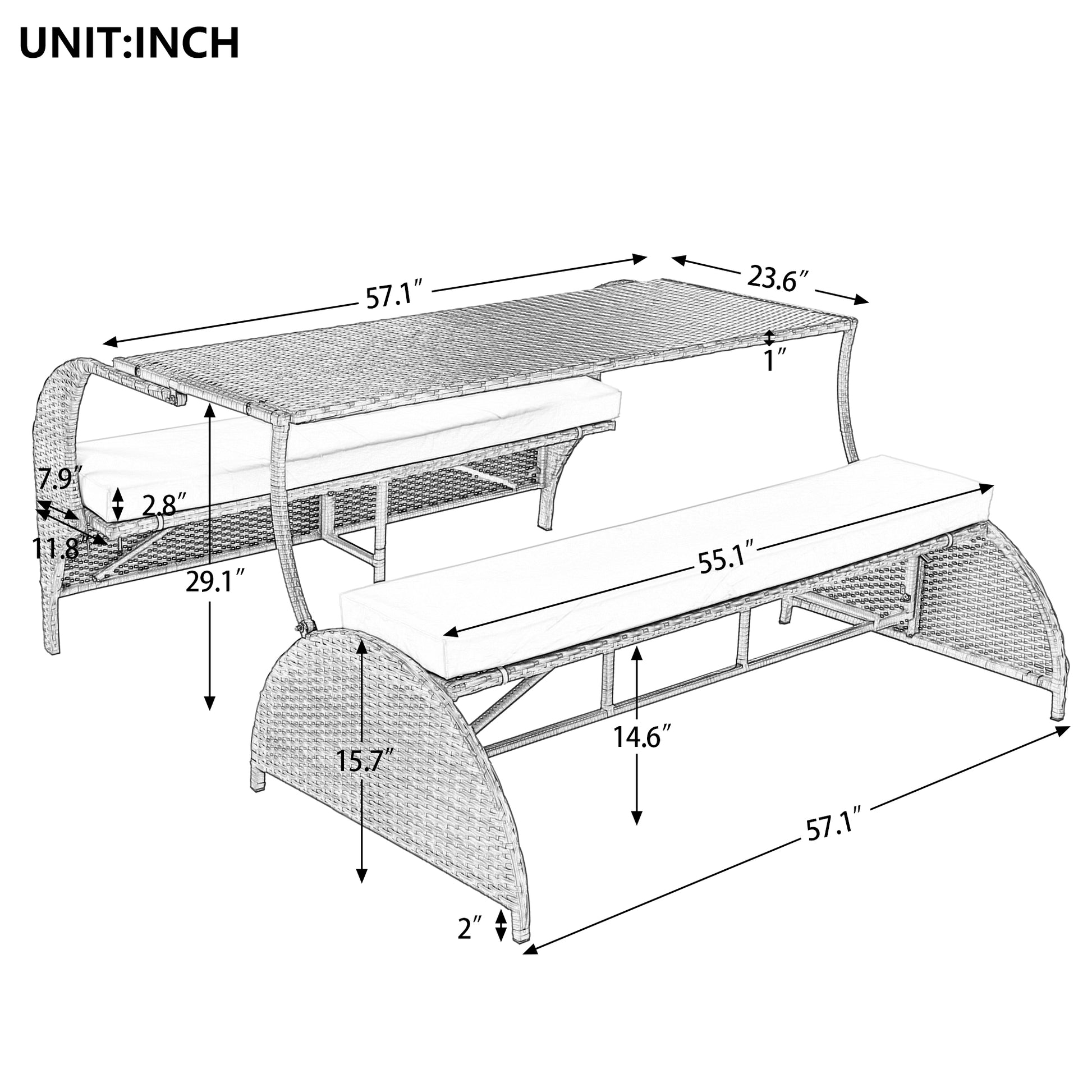 2-in-1 Convertible Picnic Upholstered Bench Table,57.1" Outdoor Loveseat,Portable Picnic Table Couch,Convertible To 4 Seats&1 Table,For Garden,Lawn,Backyard,Porch,Patio