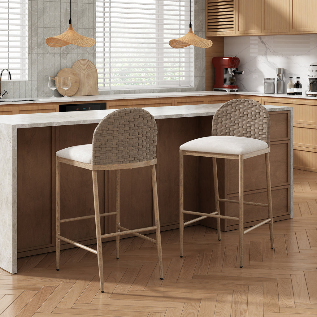Farmhouse Barstools with Woven Rattan Back & Padded Seat - 29.5" Height (Set of 2)