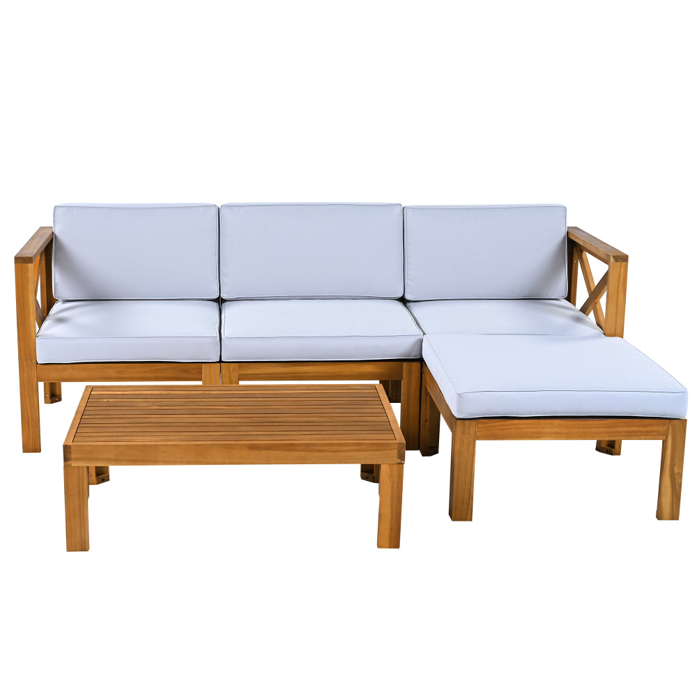 Chic Crate-5-Piece Wood Outdoor Patio Sectional Sofa Set with Water-Resistant Gray Cushions for Backyard, Porch, Deck - Natural Finish