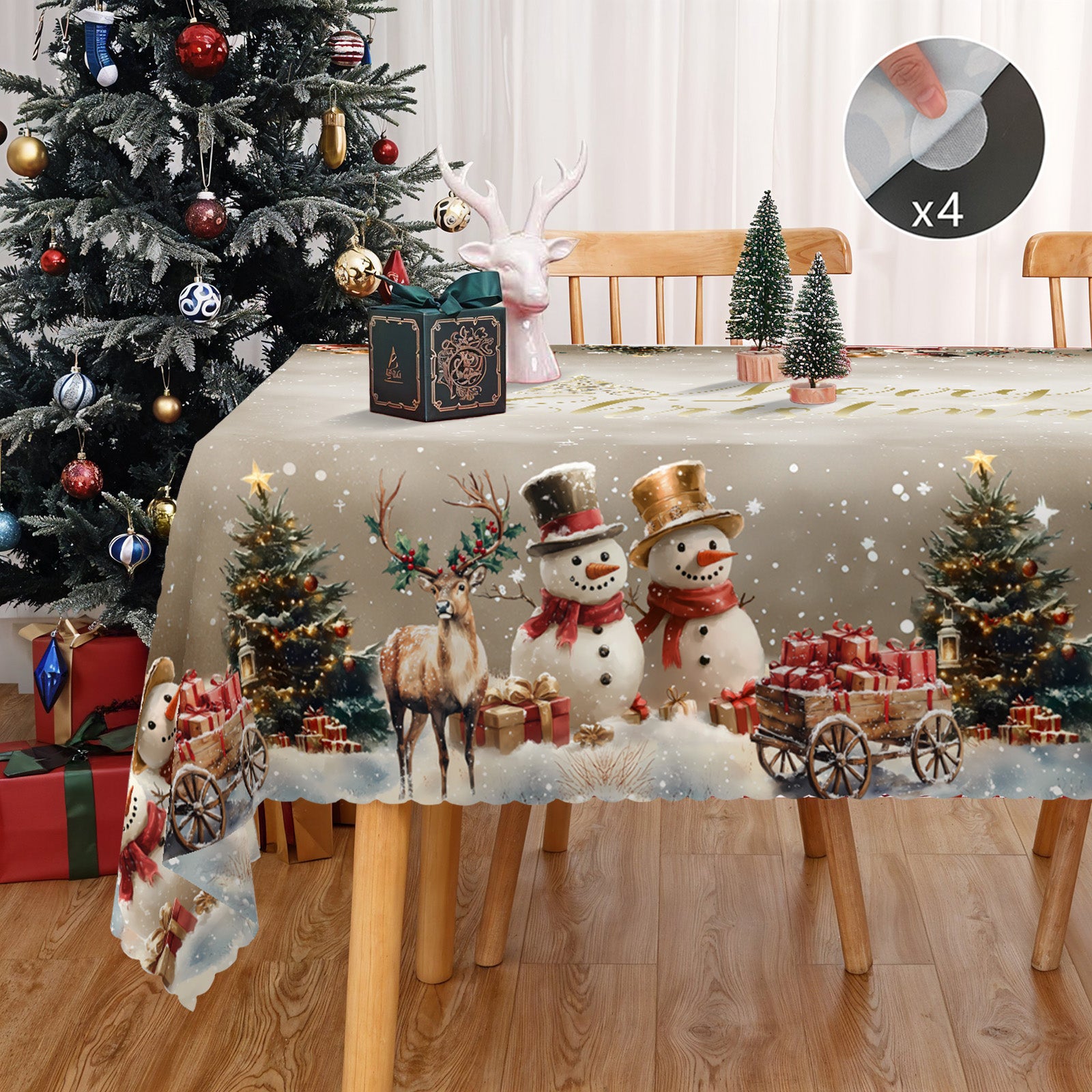 Christmas Tablecloth, Winter Snowman Christmas House Christmas Trees Tablecloth Washable Tablecloth for Party Picnic Dinner Decor