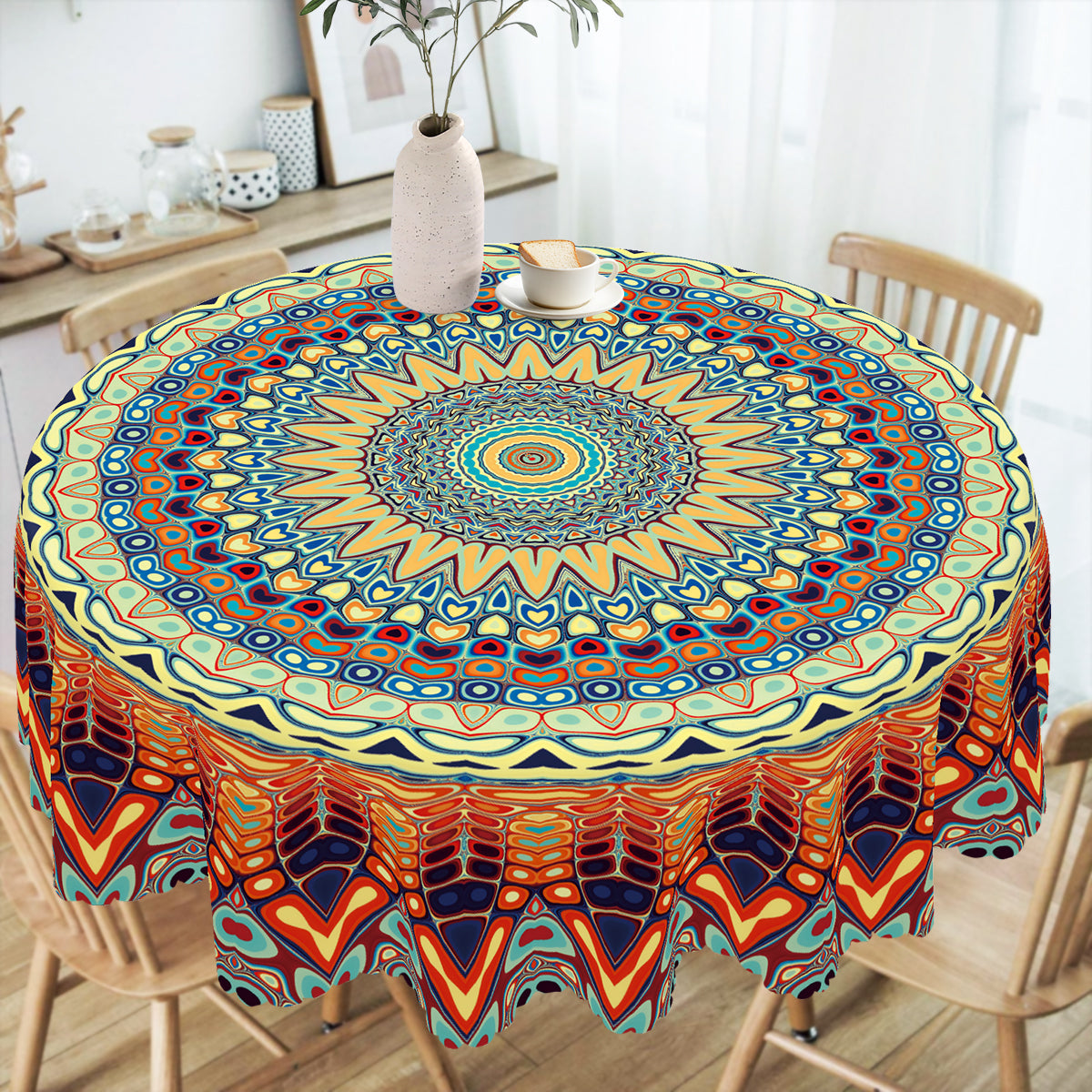 Bohemian Tablecloth with Colorful Pattern, Dustproof Easy-Care Dining Table Cover for Indoor Outdoor Use and Festive Decor