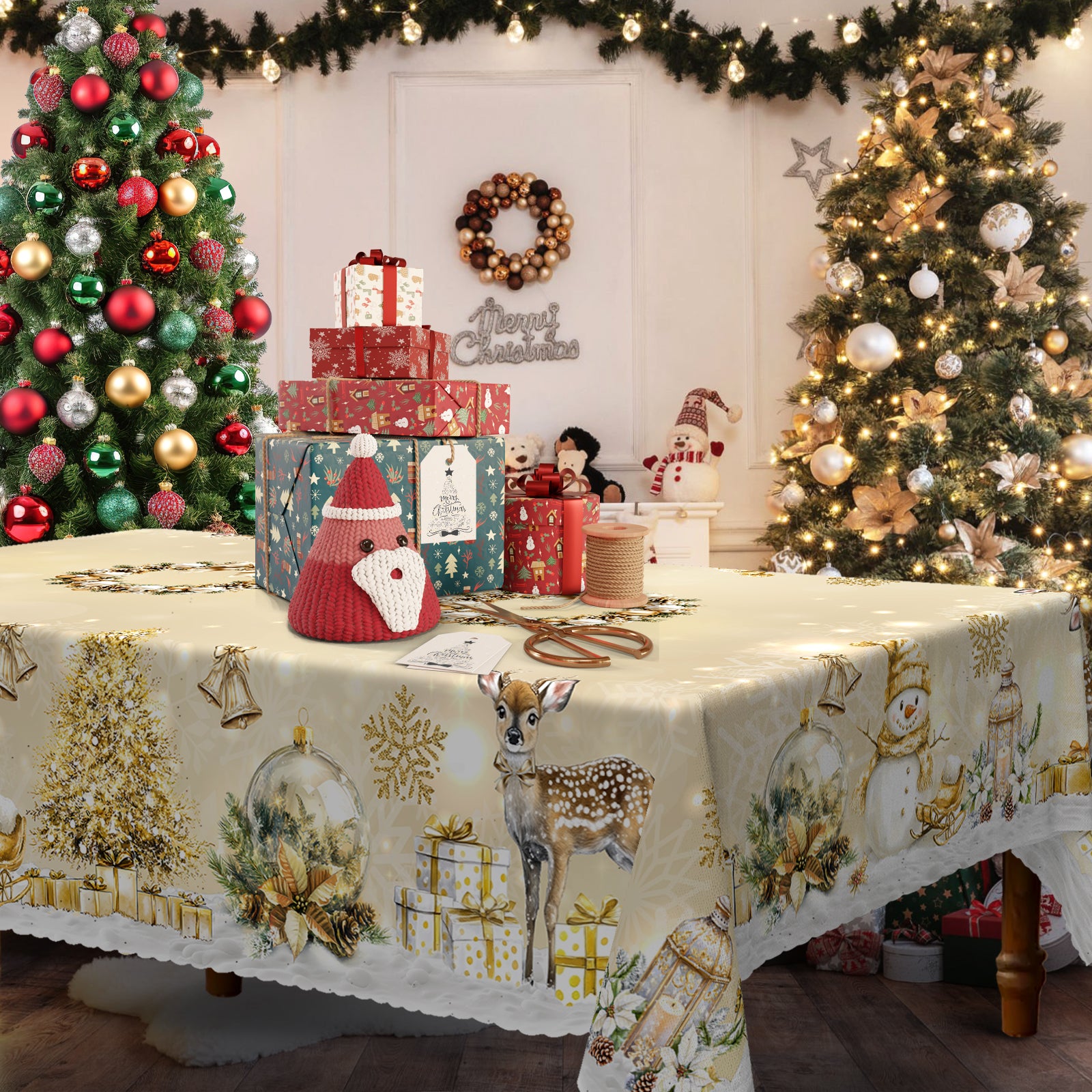 Christmas Tablecloth, Snowman Tablecloth, Christmas Tree Tablecloth Washable Table Cover for Home Kitchen Holiday Deco