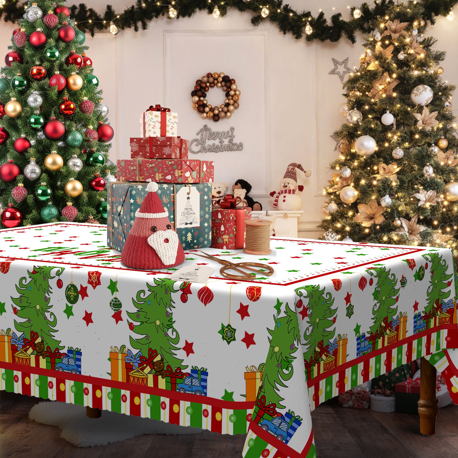Merry Christmas Tablecloth, Snowman Santa Claus Christmas tree Stain-Resistant Dining Table Cover for Holiday Decor