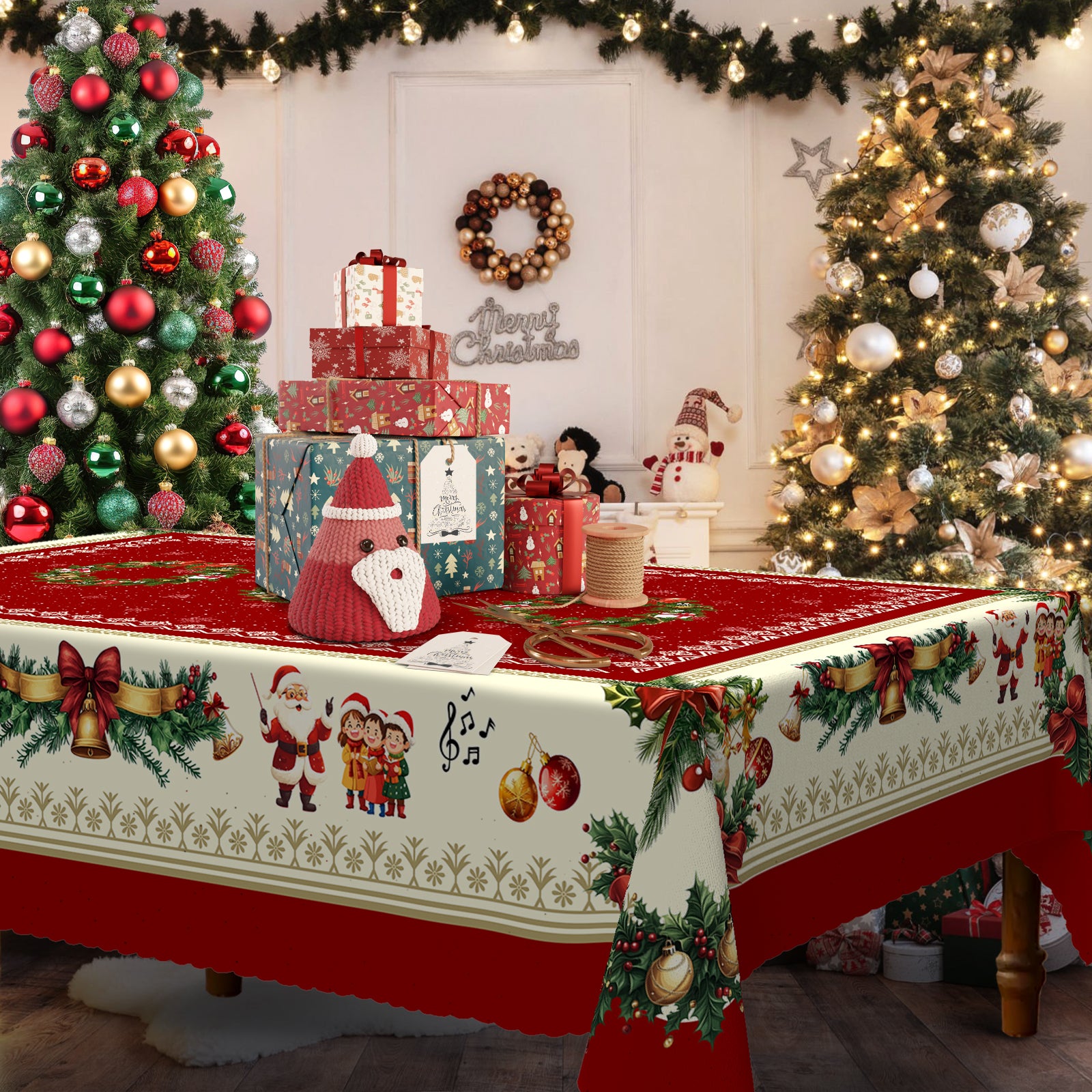 Christmas Tablecloth with Santa, elk and Wreath Designs, Dustproof Dining Table Cover for Holiday Decor
