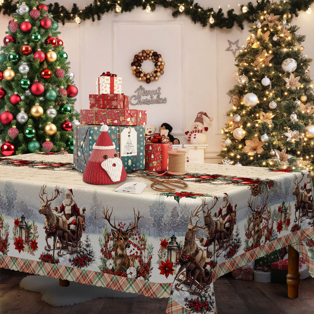 Christmas Tablecloth with Santa, elk and Wreath Designs, Dustproof Dining Table Cover for Holiday Decor