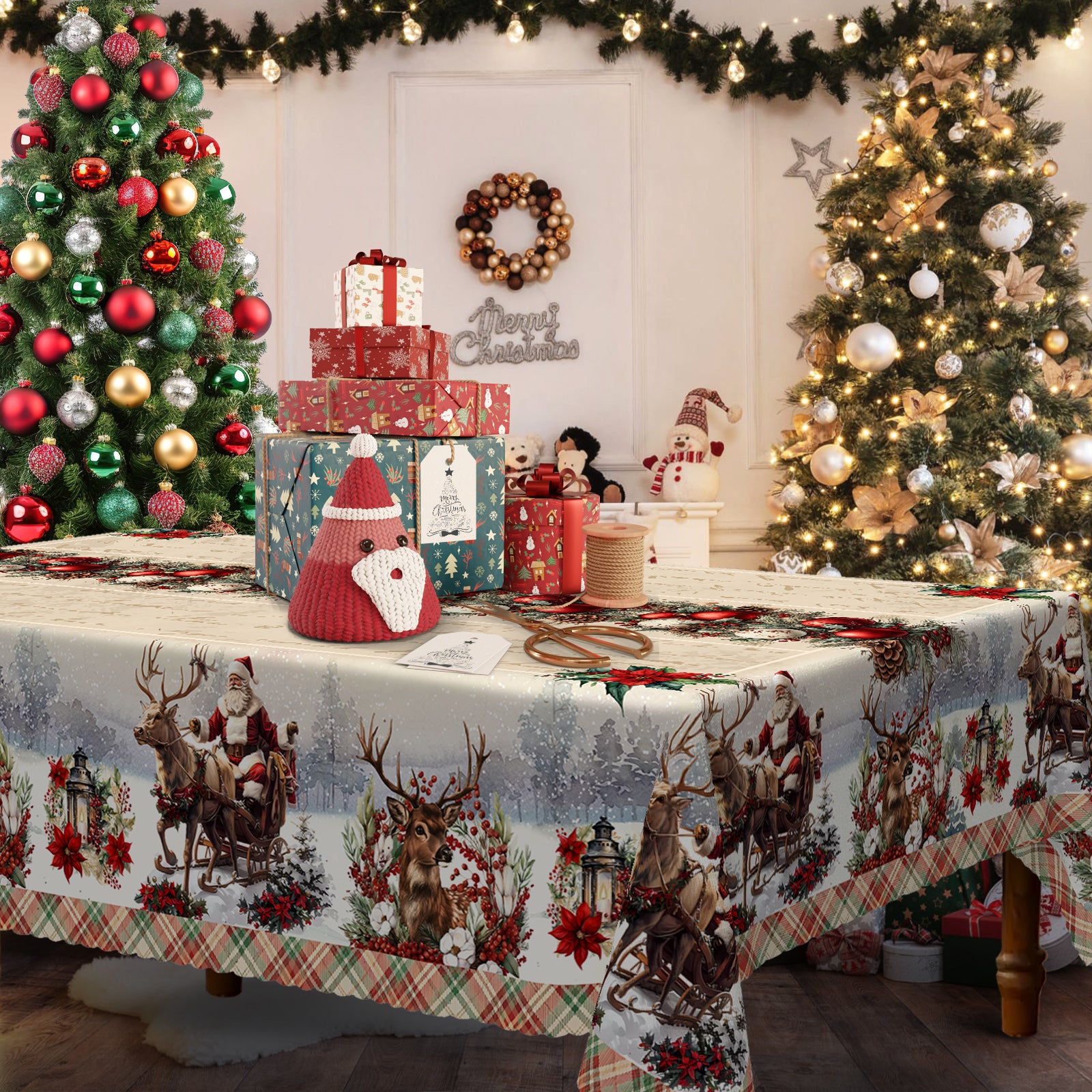 Christmas Tablecloth with Santa, elk and Wreath Designs, Dustproof Dining Table Cover for Holiday Decor