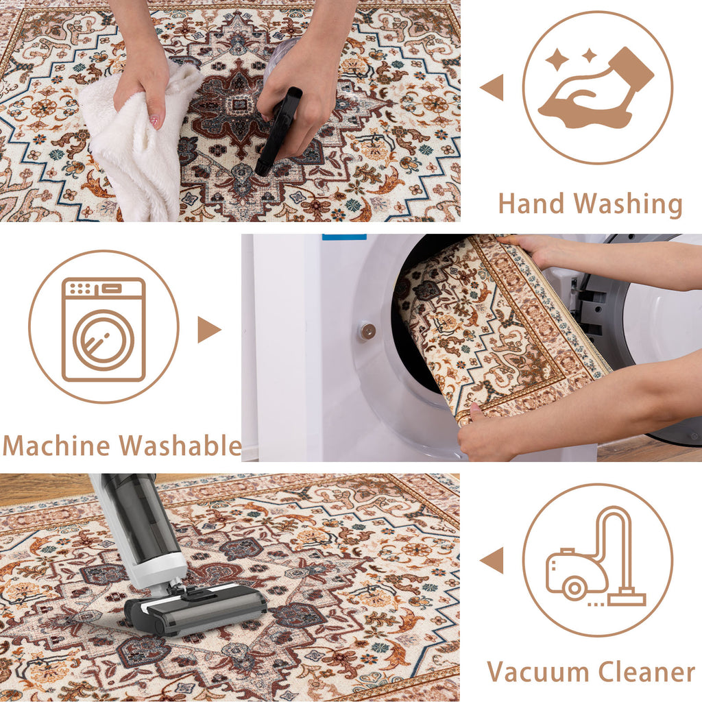 5x7ft Washable Traditional Area Rug, Thin Distressed Non-Slip Carpet for Living Room Bedroom Kitchen Dining Room Home Decor