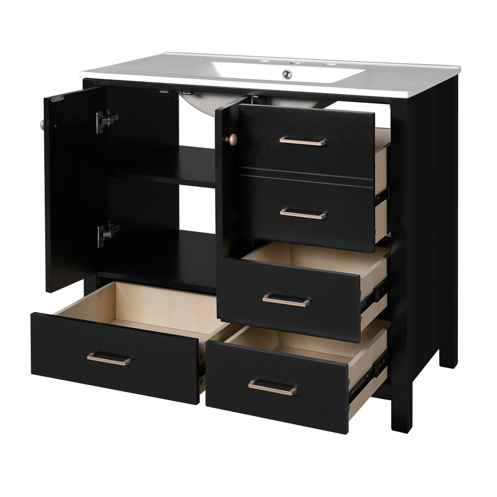 Chic Crate-36In Bathroom Vanity – Ceramic Sink w/4 Drawers & Soft-Close Doors | Solid Wood Frame | Freestanding | Black