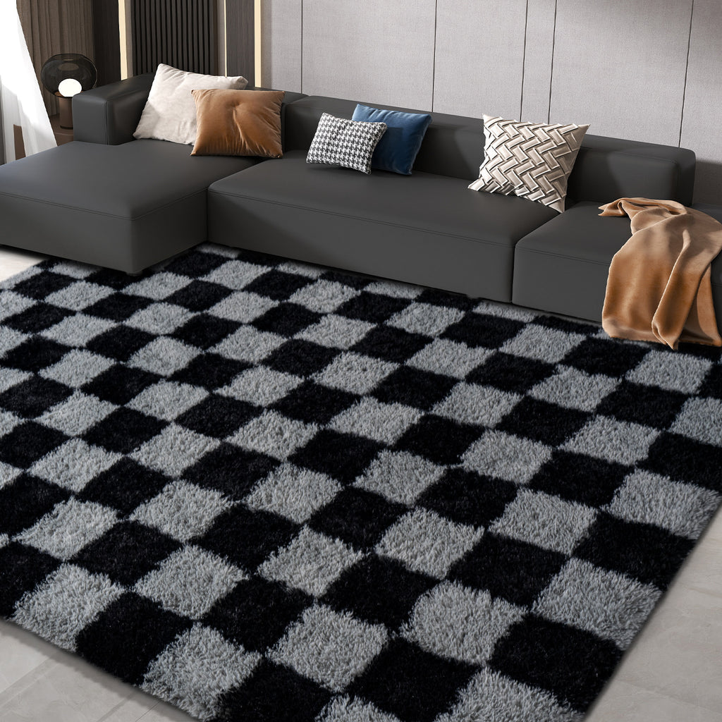 5x7 Feet Checkered Area Rugs For Living Room, Black Modern Super Soft Fluffy Rugs for Bedroom Home Aesthetic Decor