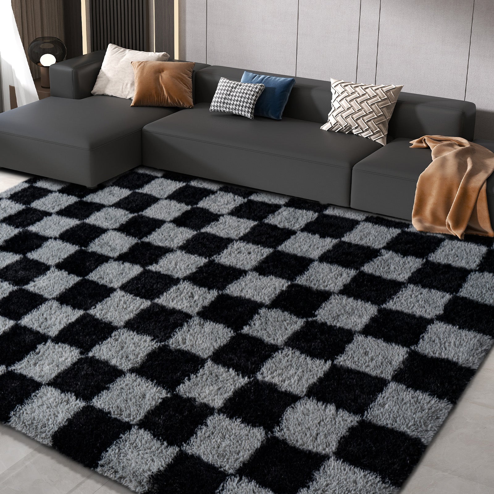 5x7 Feet Checkered Area Rugs For Living Room, Black Modern Super Soft Fluffy Rugs for Bedroom Home Aesthetic Decor