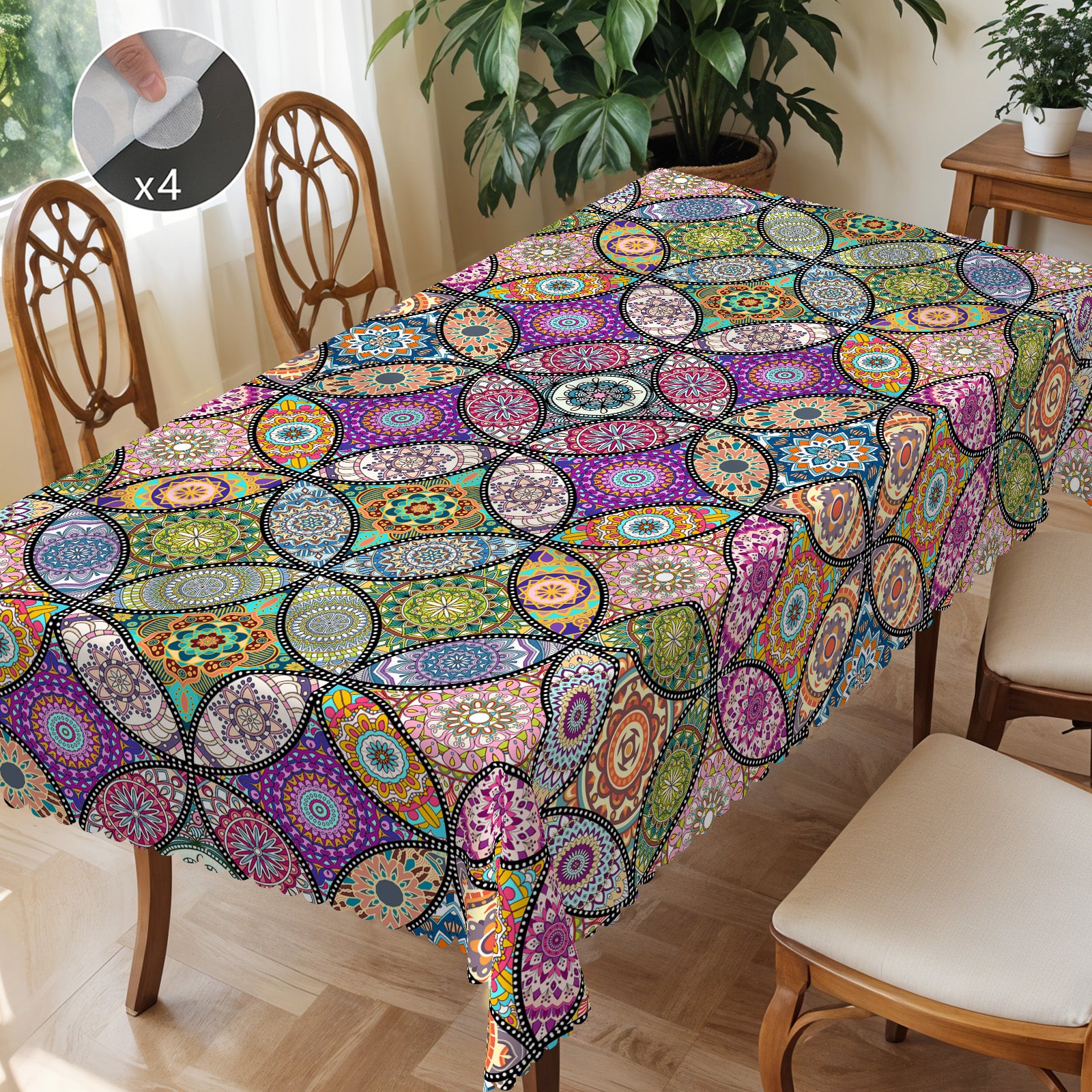 Bohemian Tablecloth with Colorful Pattern, Dustproof Easy-Care Dining Table Cover for Indoor Outdoor Use and Festive Decor