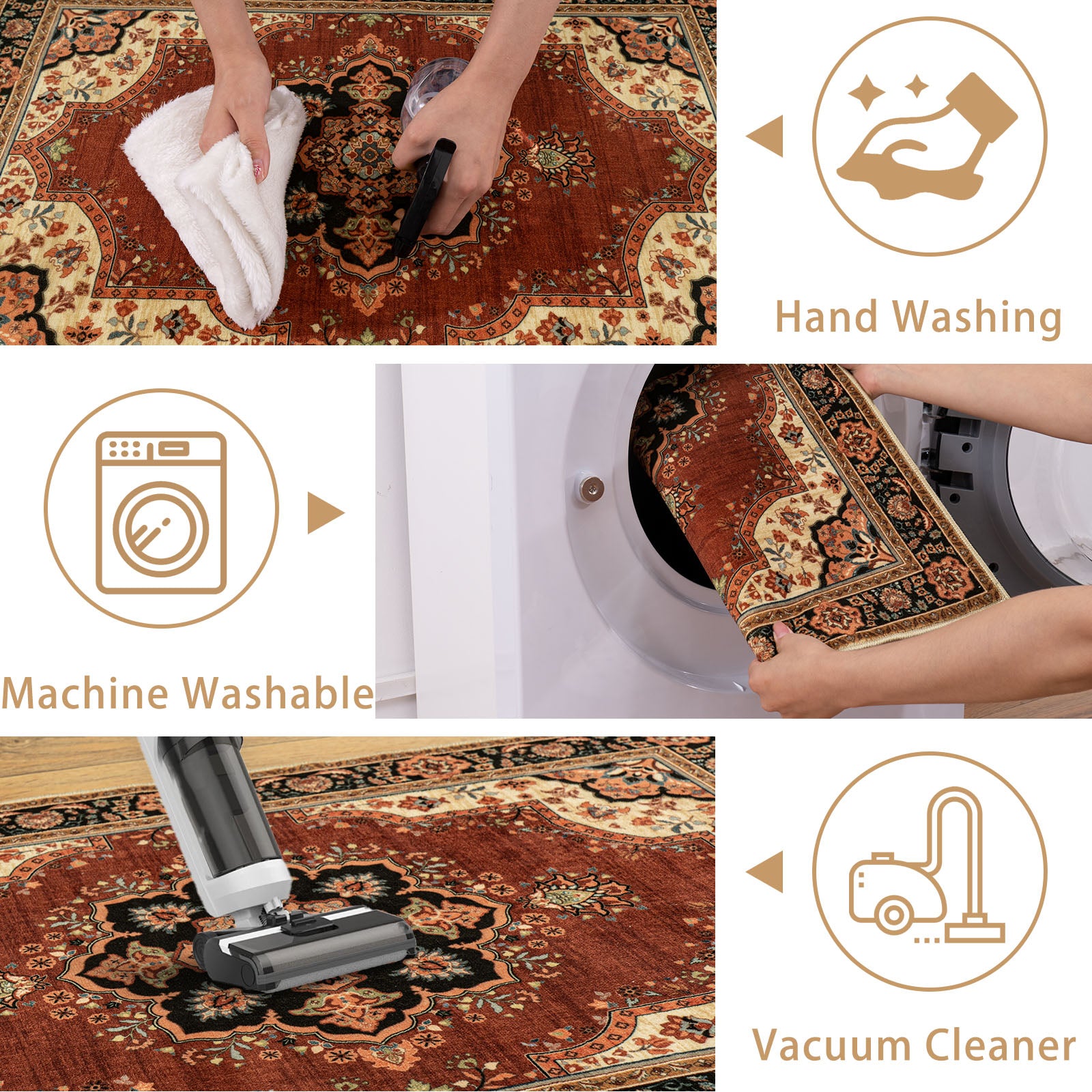 5x7ft Washable Oriental Floral Prints Area Rug, Thin Distressed Non-Slip Carpet for Living Room Bedroom, Kitchen Dining Room Decor