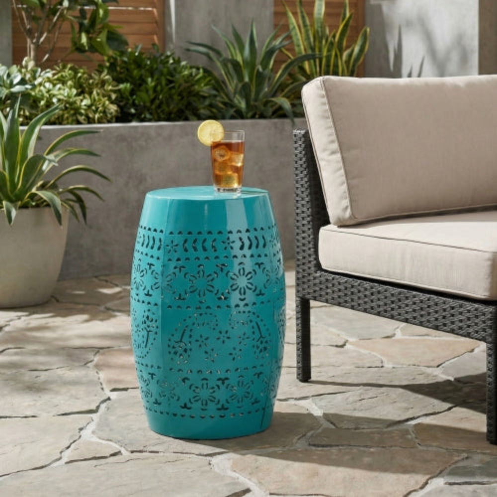 Boho Honeycomb Pattern Side Table, Lightweight Concrete Accent Table with Natural Wood Finish, Barrel Structure, 15.25"x18.25", No Assembly