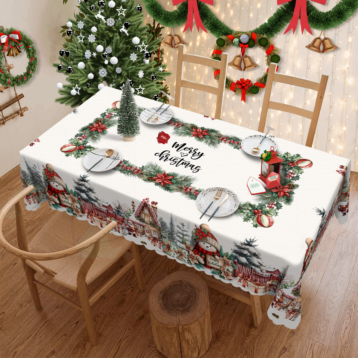 Christmas Tablecloth with Santa, elk and Wreath Designs, Dustproof Dining Table Cover for Holiday Decor
