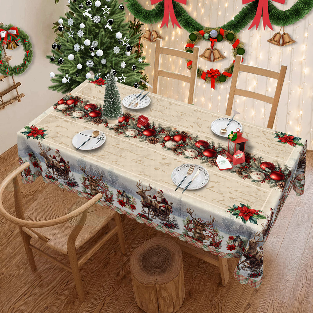 Christmas Tablecloth with Santa, elk and Wreath Designs, Dustproof Dining Table Cover for Holiday Decor