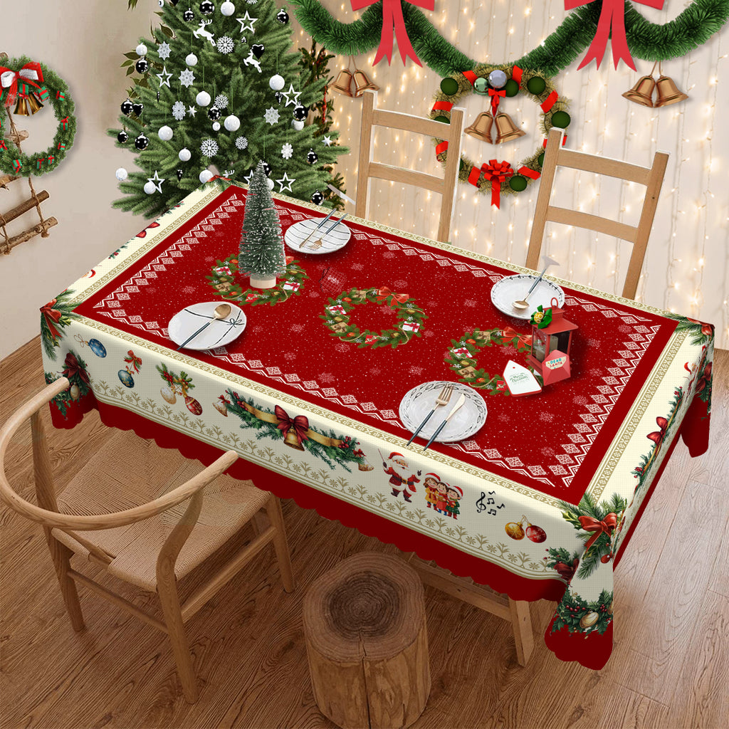 Christmas Tablecloth with Santa, elk and Wreath Designs, Dustproof Dining Table Cover for Holiday Decor