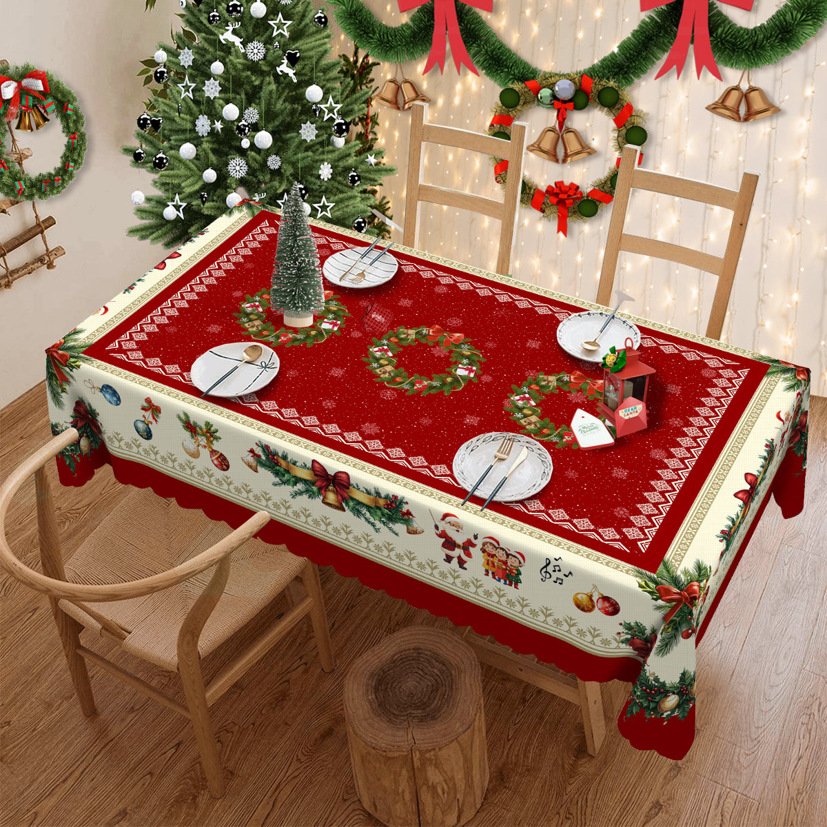 Christmas Tablecloth with Santa, elk and Wreath Designs, Dustproof Dining Table Cover for Holiday Decor