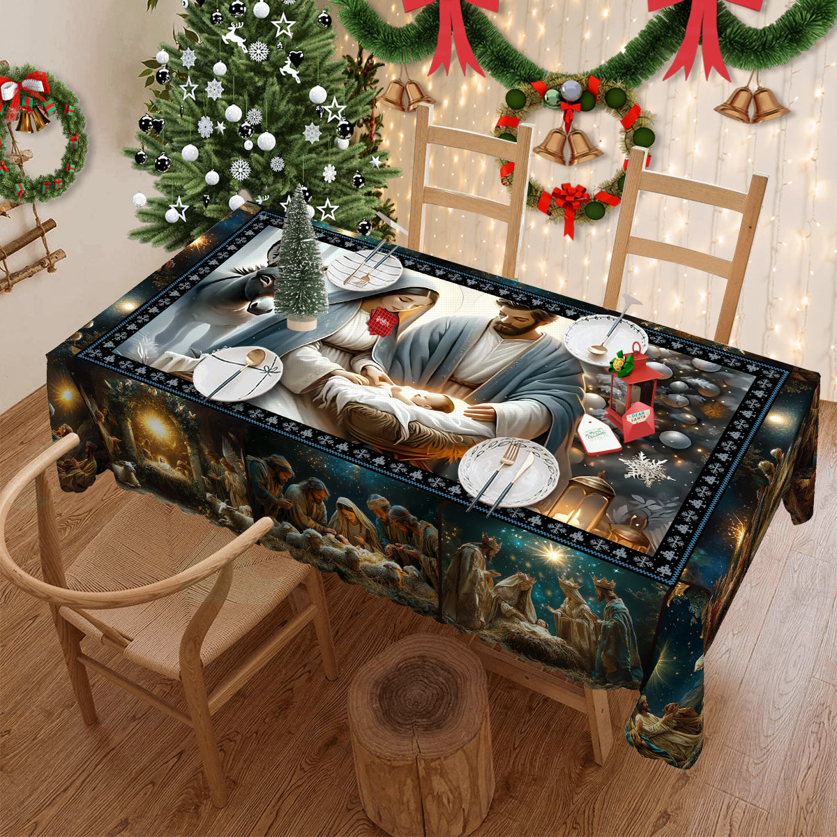 Christmas Tablecloth, Snowman Snowflake Stain-Resistant Dining Table Cover for Holiday Decor