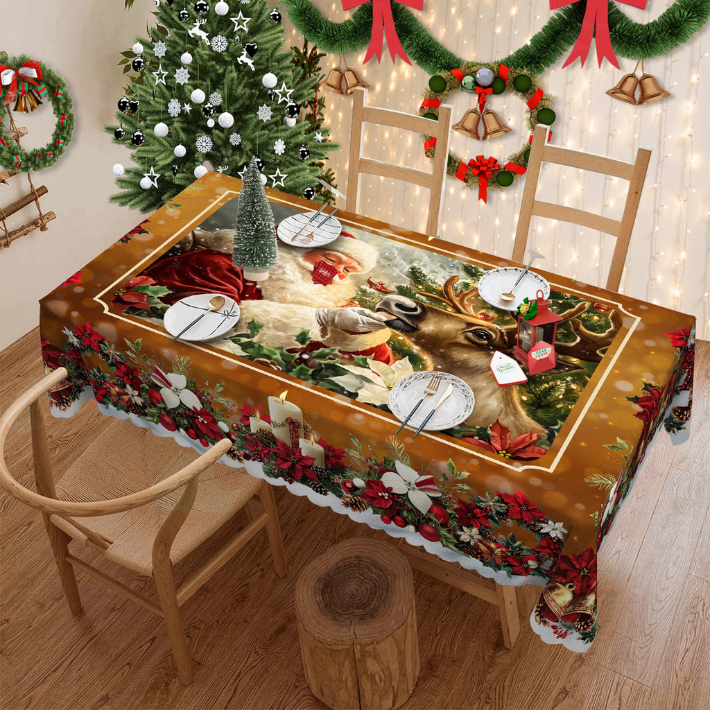 Christmas Tablecloth, Santa Claus and Christmas tree Stain-Resistant Table Cover for Dining Table Holiday Decor