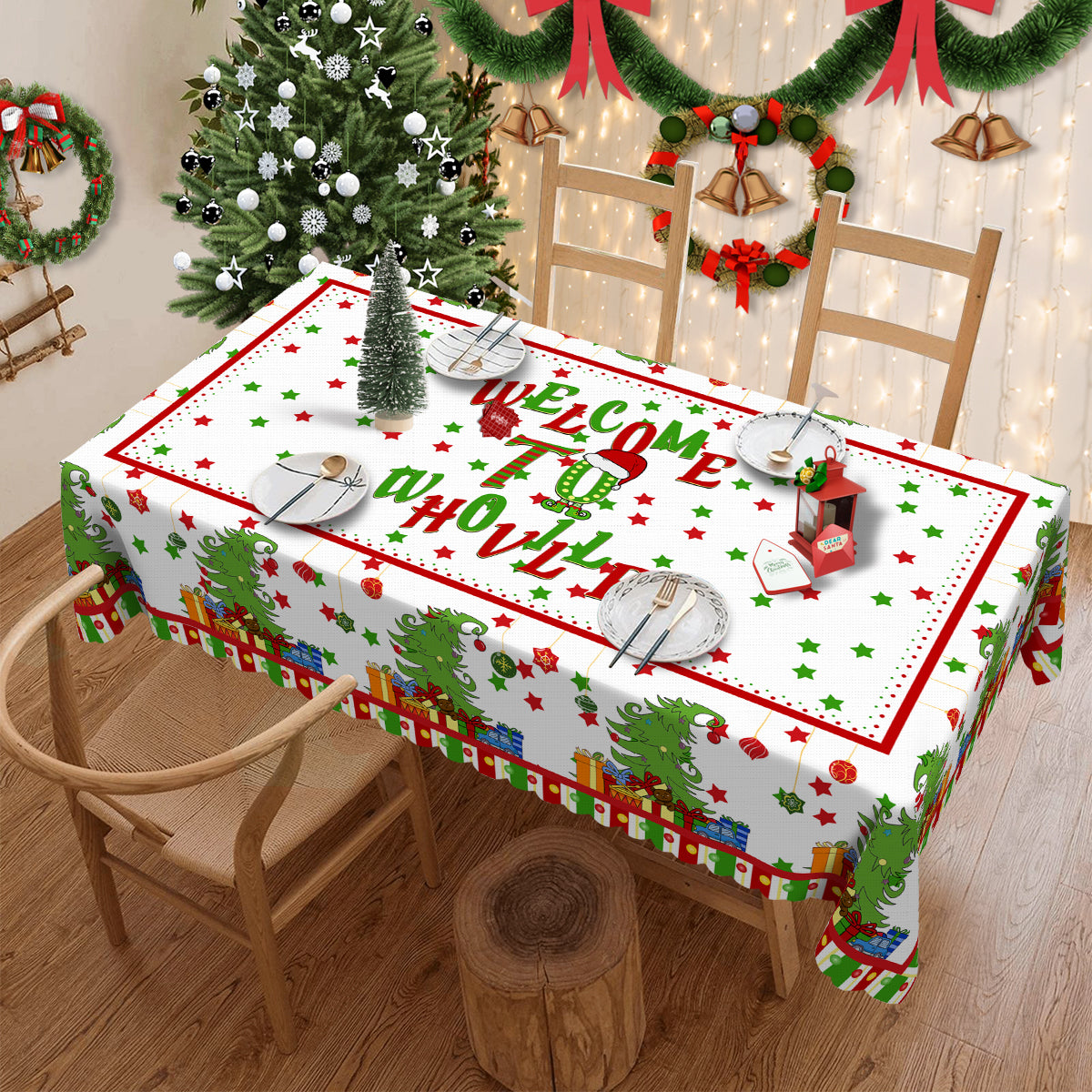 Merry Christmas Tablecloth, Snowman Santa Claus Christmas tree Stain-Resistant Dining Table Cover for Holiday Decor