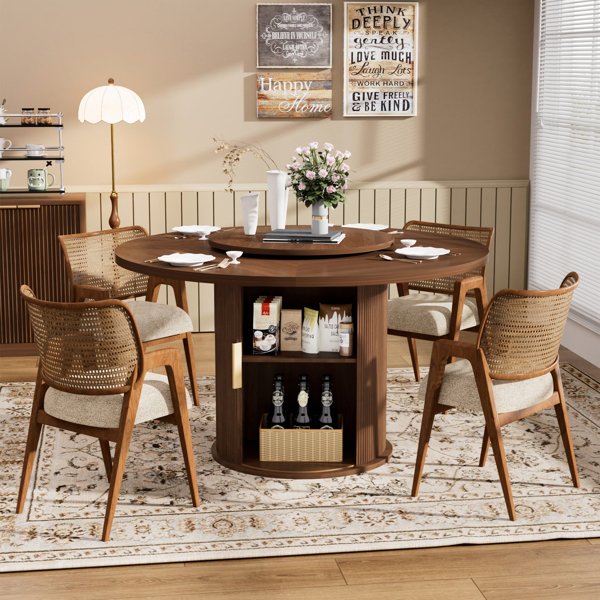 Round Dining Table with Rotating Tray, Double-Tier Storage Rack with Wavy Striped Sliding Doors
