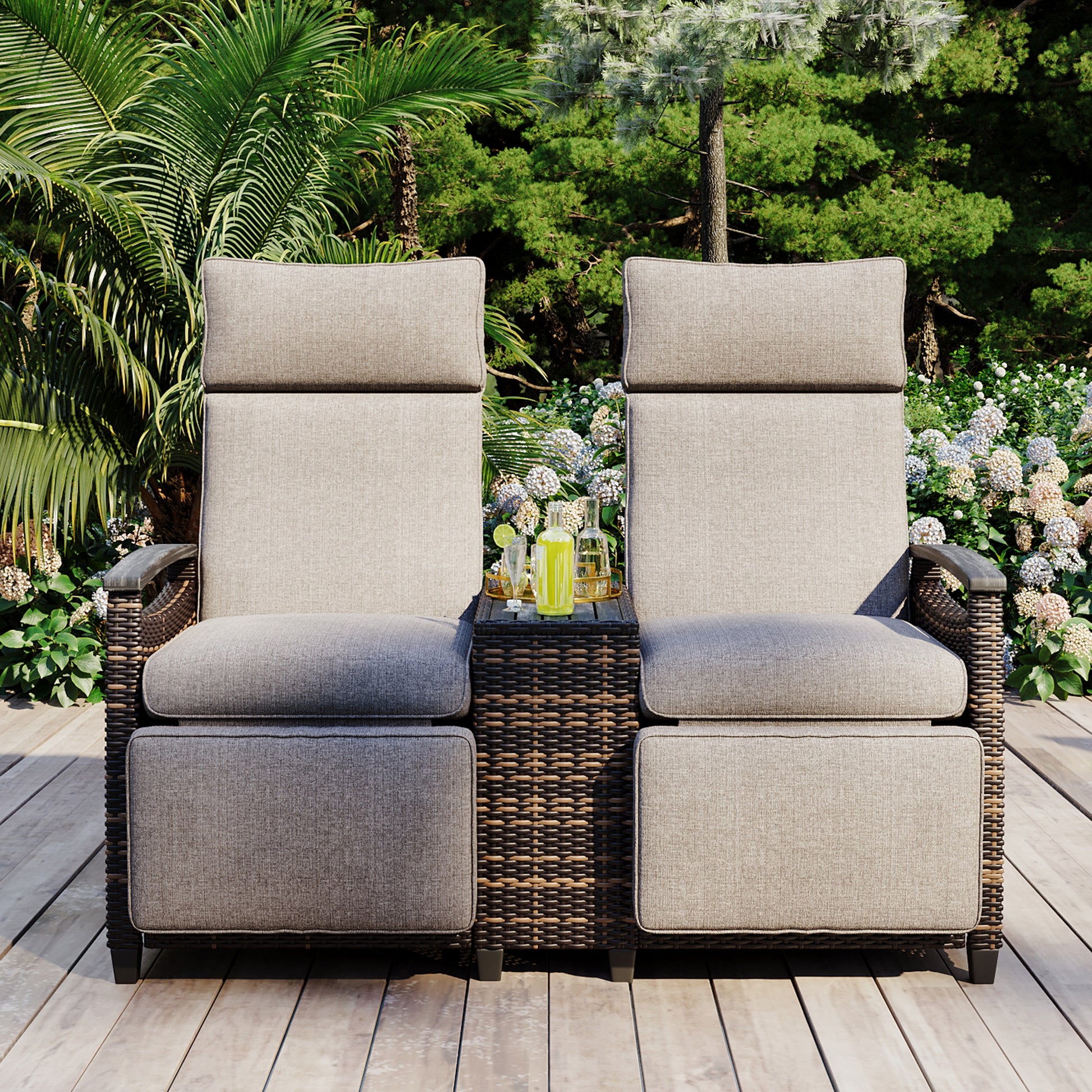 Patio Recliner Loveseat Chair, Adjustable Backrest Wicker Outdoor Lounge Chair Set with Acacia Wood Armrests and Built-in Storage Table for Balcony, Porch, Lawn, Brown