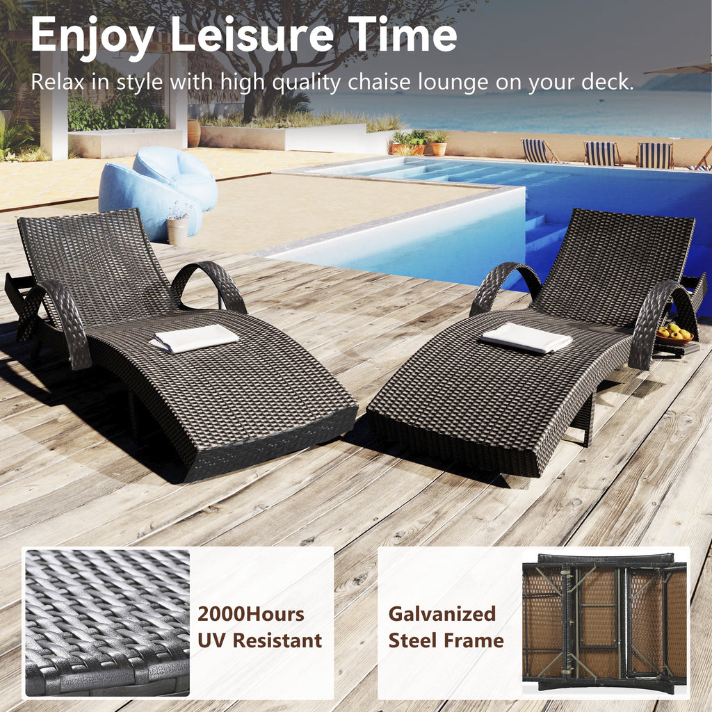 80'' Outdoor Wicker Chaise Lounge Chairs Set of 2, Patio Rattan Reclining Chair Pull-out Side Table Adjustable Backrest Ergonomic Wave Design Pool Sunbathing Recliners, Dark Brown
