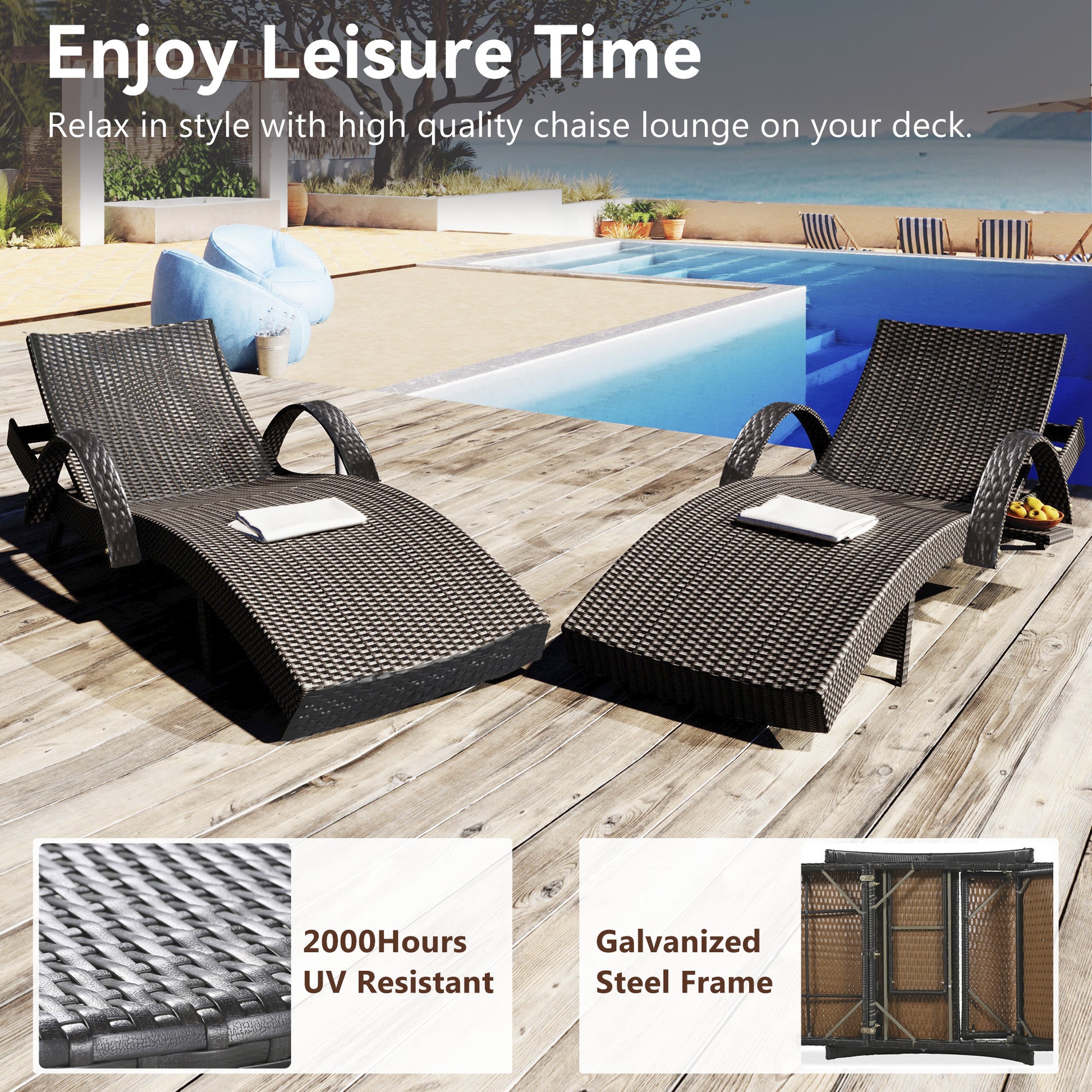 80'' Outdoor Wicker Chaise Lounge Chairs Set of 2, Patio Rattan Reclining Chair Pull-out Side Table Adjustable Backrest Ergonomic Wave Design Pool Sunbathing Recliners, Dark Brown