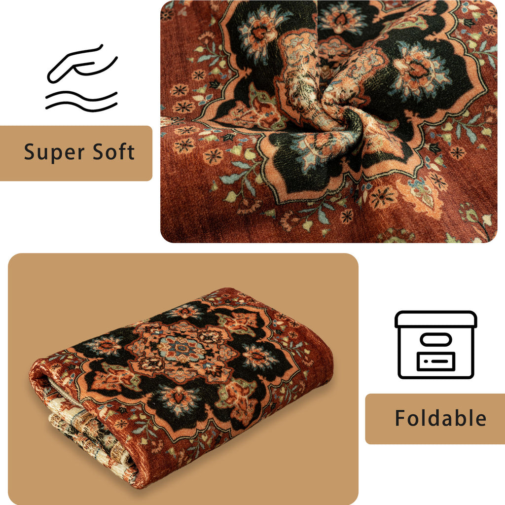 5x7ft Washable Oriental Floral Prints Area Rug, Thin Distressed Non-Slip Carpet for Living Room Bedroom, Kitchen Dining Room Decor