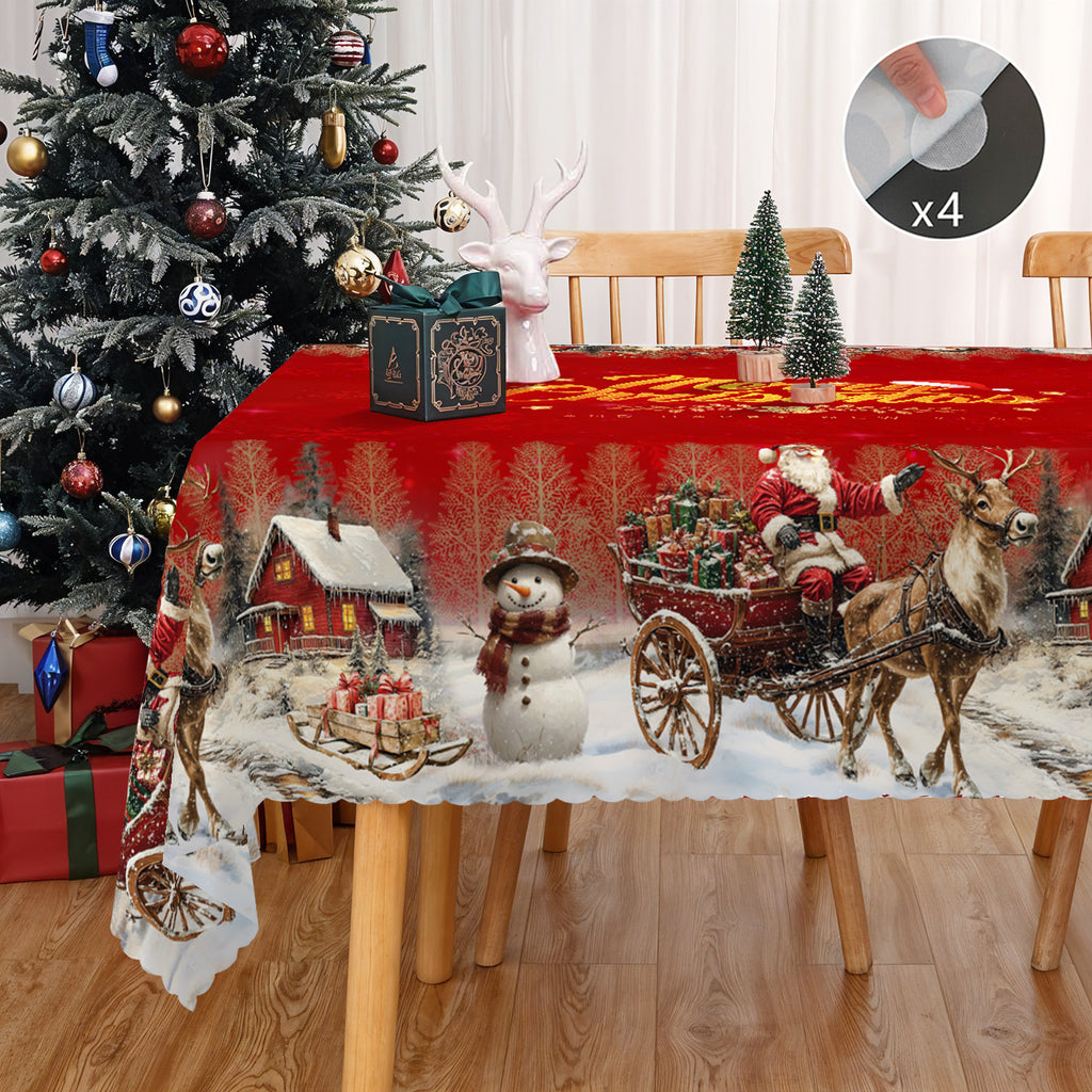 Christmas Tablecloth, Winter Snowman Christmas House Christmas Trees Tablecloth Washable Tablecloth for Party Picnic Dinner Decor