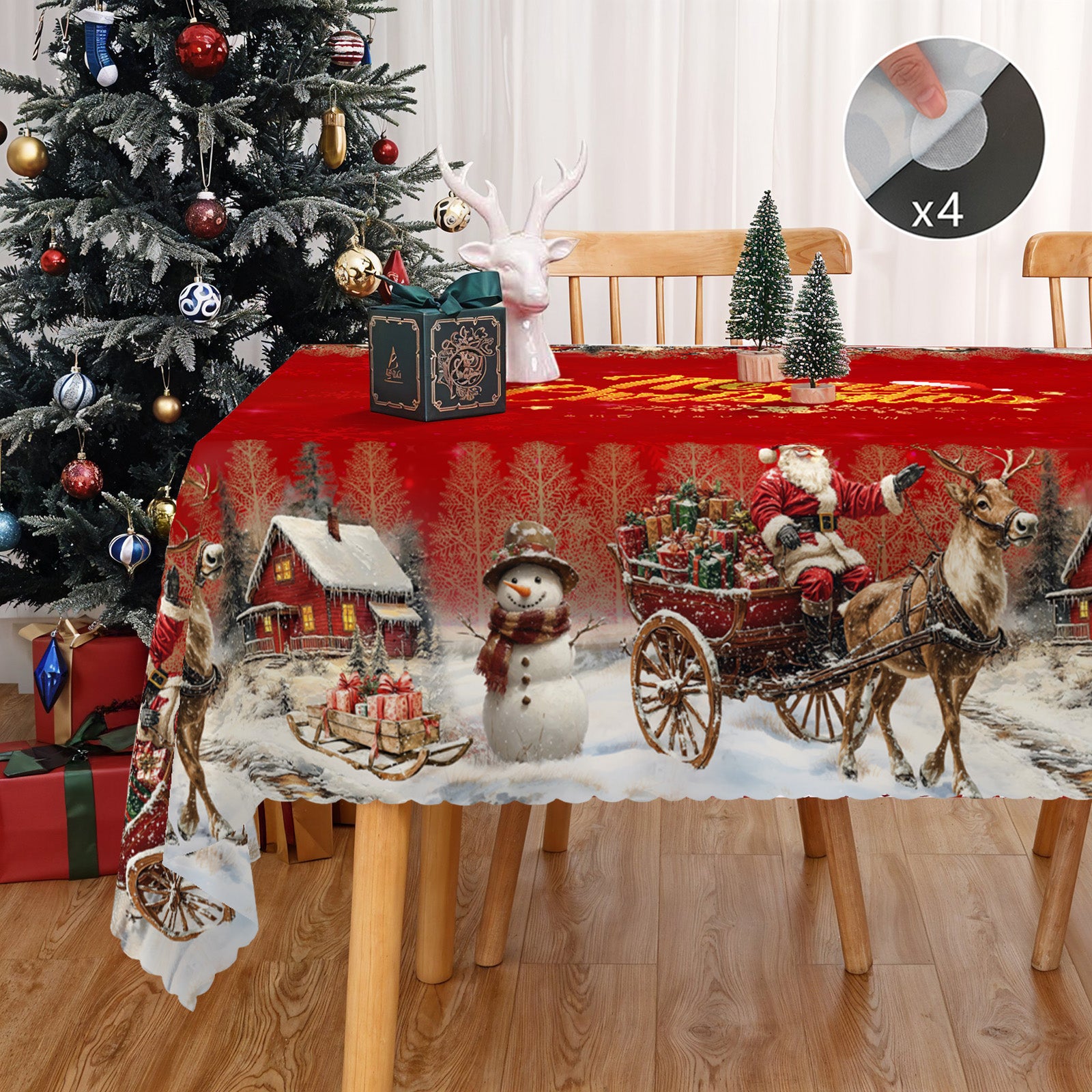 Christmas Tablecloth, Winter Snowman Christmas House Christmas Trees Tablecloth Washable Tablecloth for Party Picnic Dinner Decor