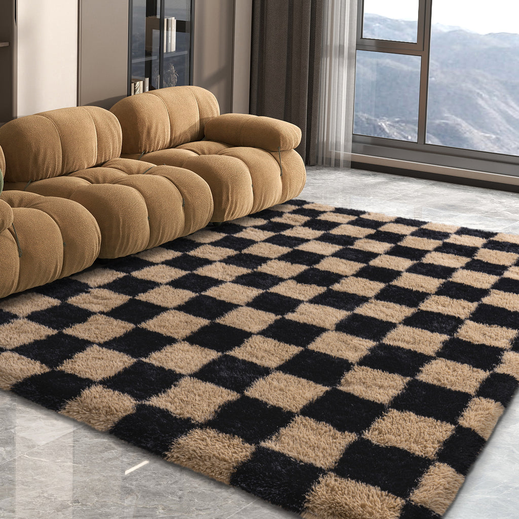 5x7 Feet Checkered Area Rugs For Living Room, Black Modern Super Soft Fluffy Rugs for Bedroom Home Aesthetic Decor