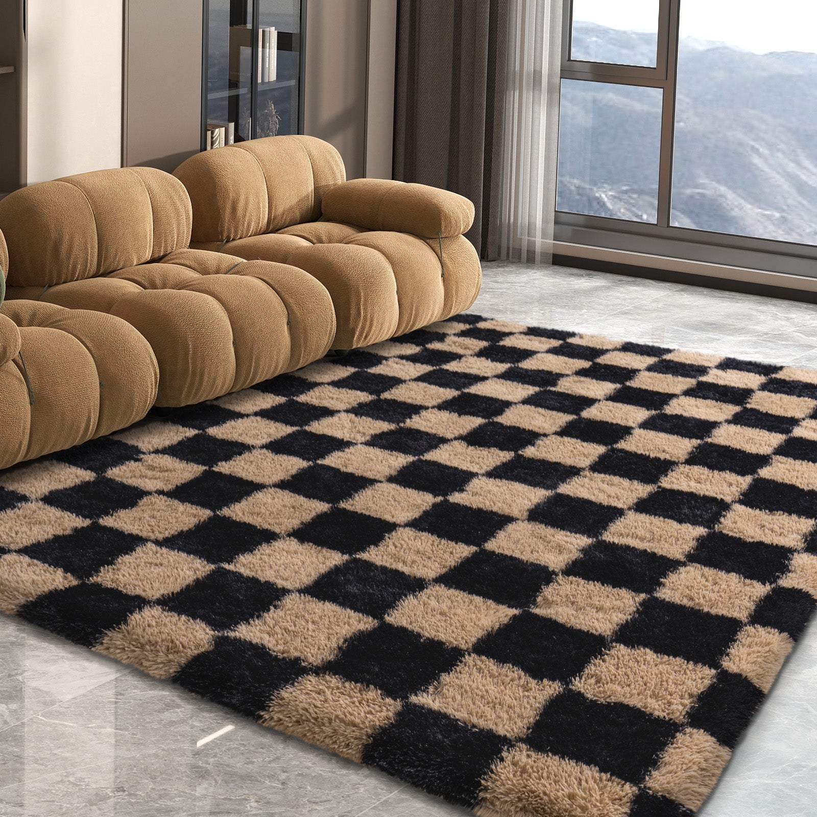 5x7 Feet Checkered Area Rugs For Living Room, Black Modern Super Soft Fluffy Rugs for Bedroom Home Aesthetic Decor