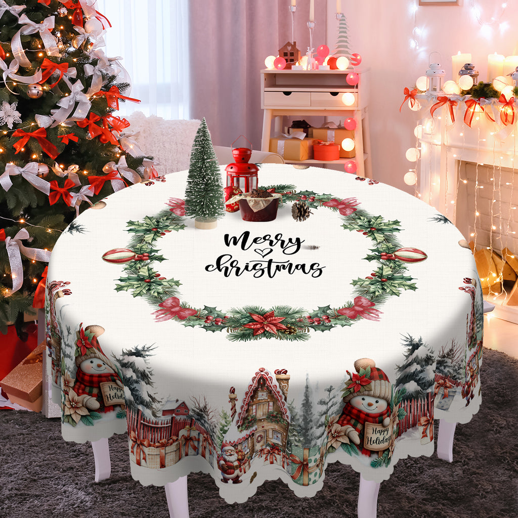 Christmas Tablecloth with Santa, elk and Wreath Designs, Dustproof Dining Table Cover for Holiday Decor