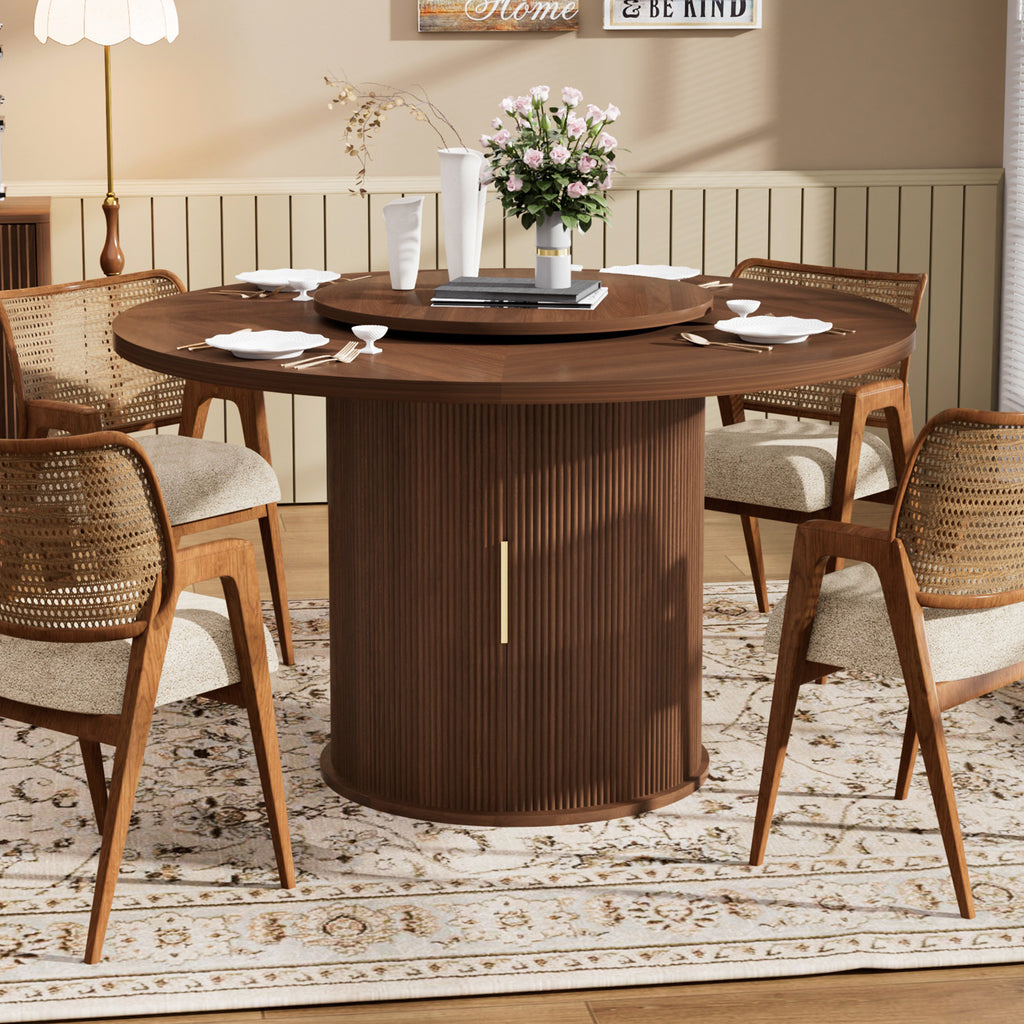 Round Dining Table with Rotating Tray, Double-Tier Storage Rack with Wavy Striped Sliding Doors