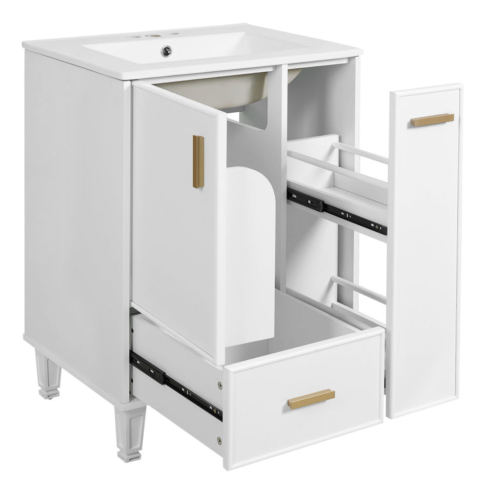 Chic Crate-24" Modern Bathroom Vanity – Sink & Deep Drawer | 2-Tier Pull-Out Basket | Solid Wood Frame | White