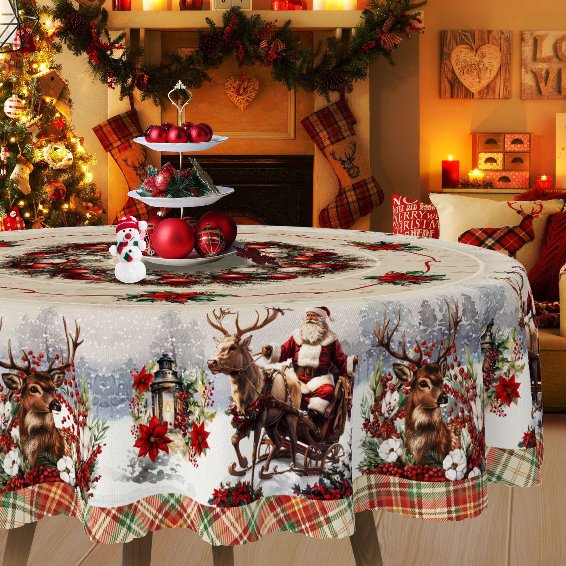 Christmas Tablecloth with Santa, elk and Wreath Designs, Dustproof Dining Table Cover for Holiday Decor