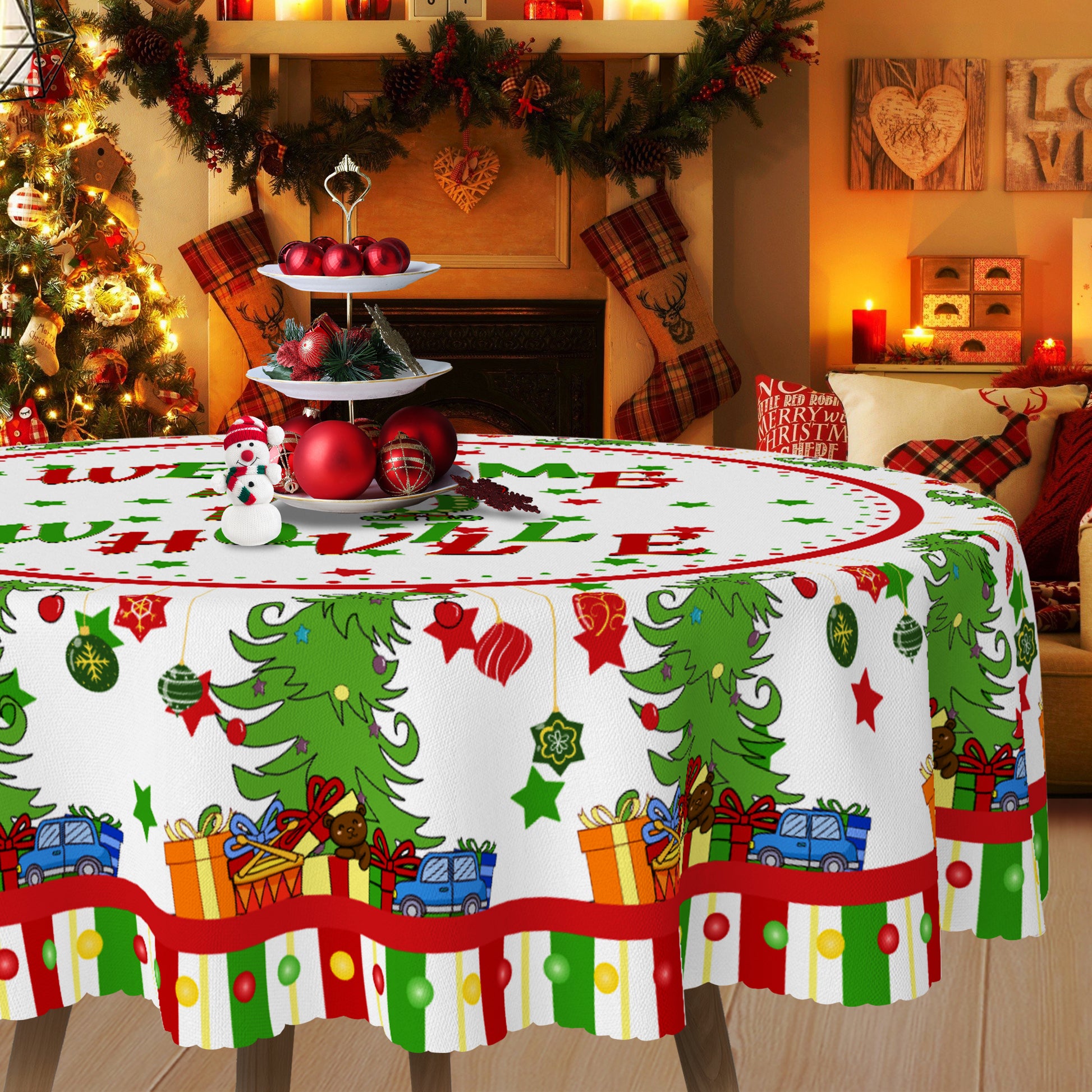 Merry Christmas Tablecloth, Snowman Santa Claus Christmas tree Stain-Resistant Dining Table Cover for Holiday Decor