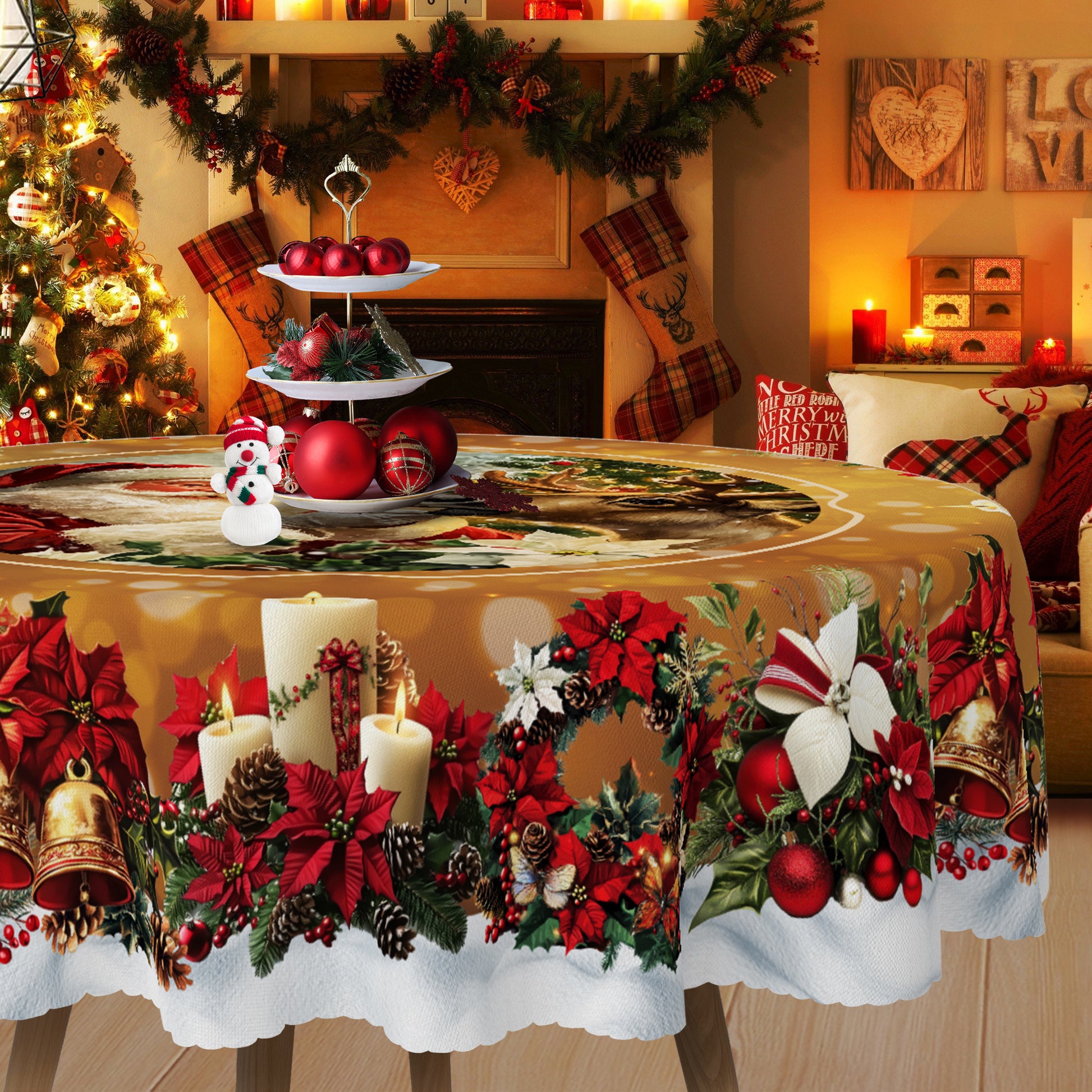 Christmas Tablecloth, Santa Claus and Christmas tree Stain-Resistant Table Cover for Dining Table Holiday Decor