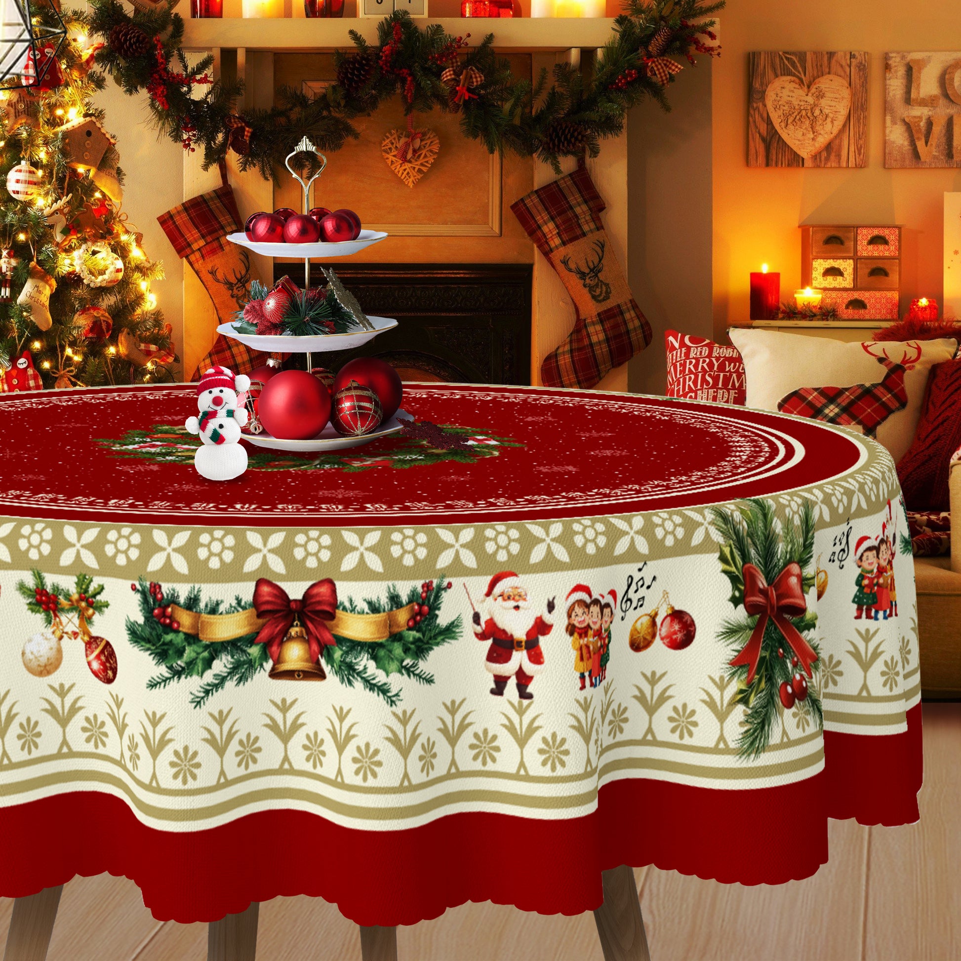 Christmas Tablecloth with Santa, elk and Wreath Designs, Dustproof Dining Table Cover for Holiday Decor