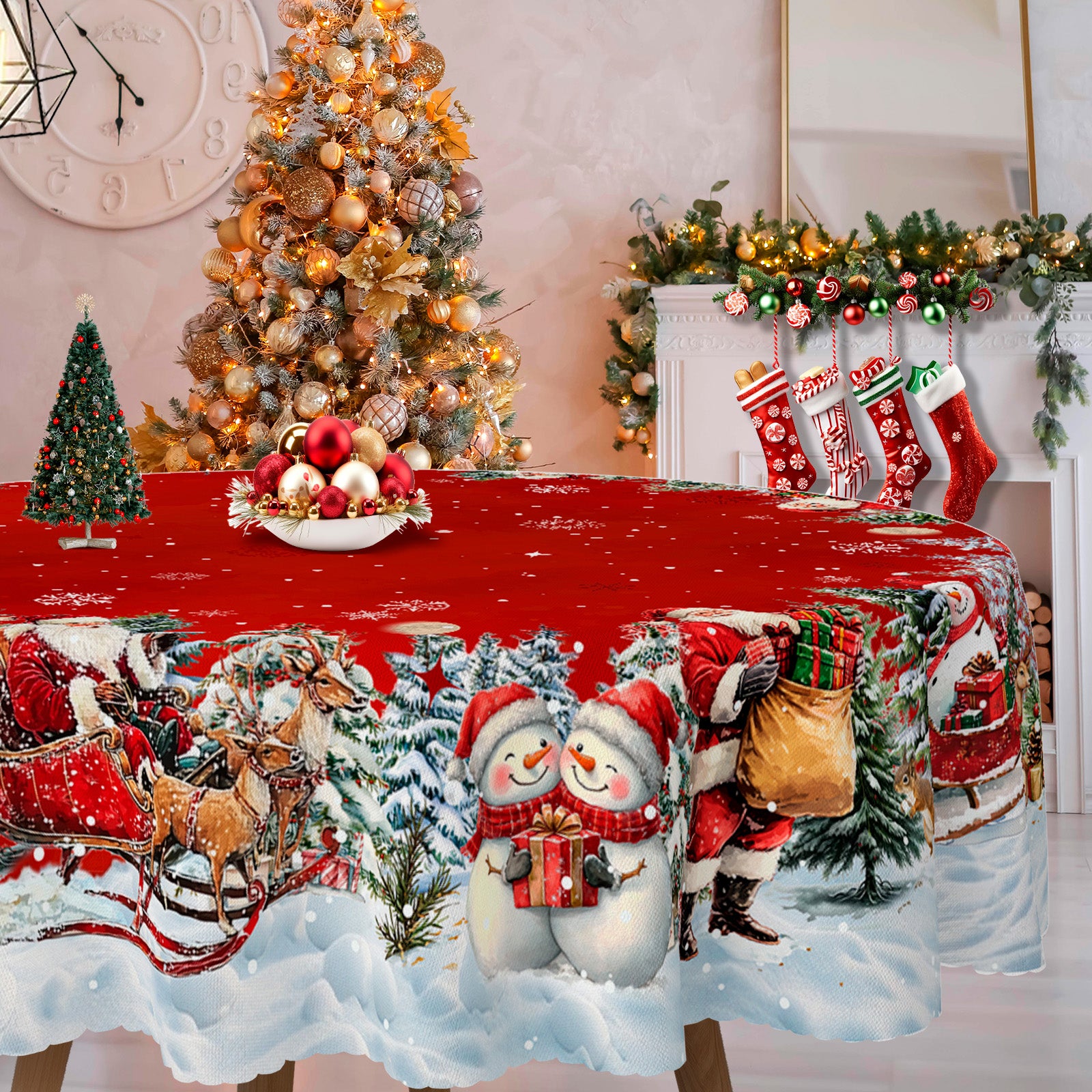Christmas Tablecloth, Santa Claus and Christmas tree Stain-Resistant Table Cover for Dining Table Holiday Decoration
