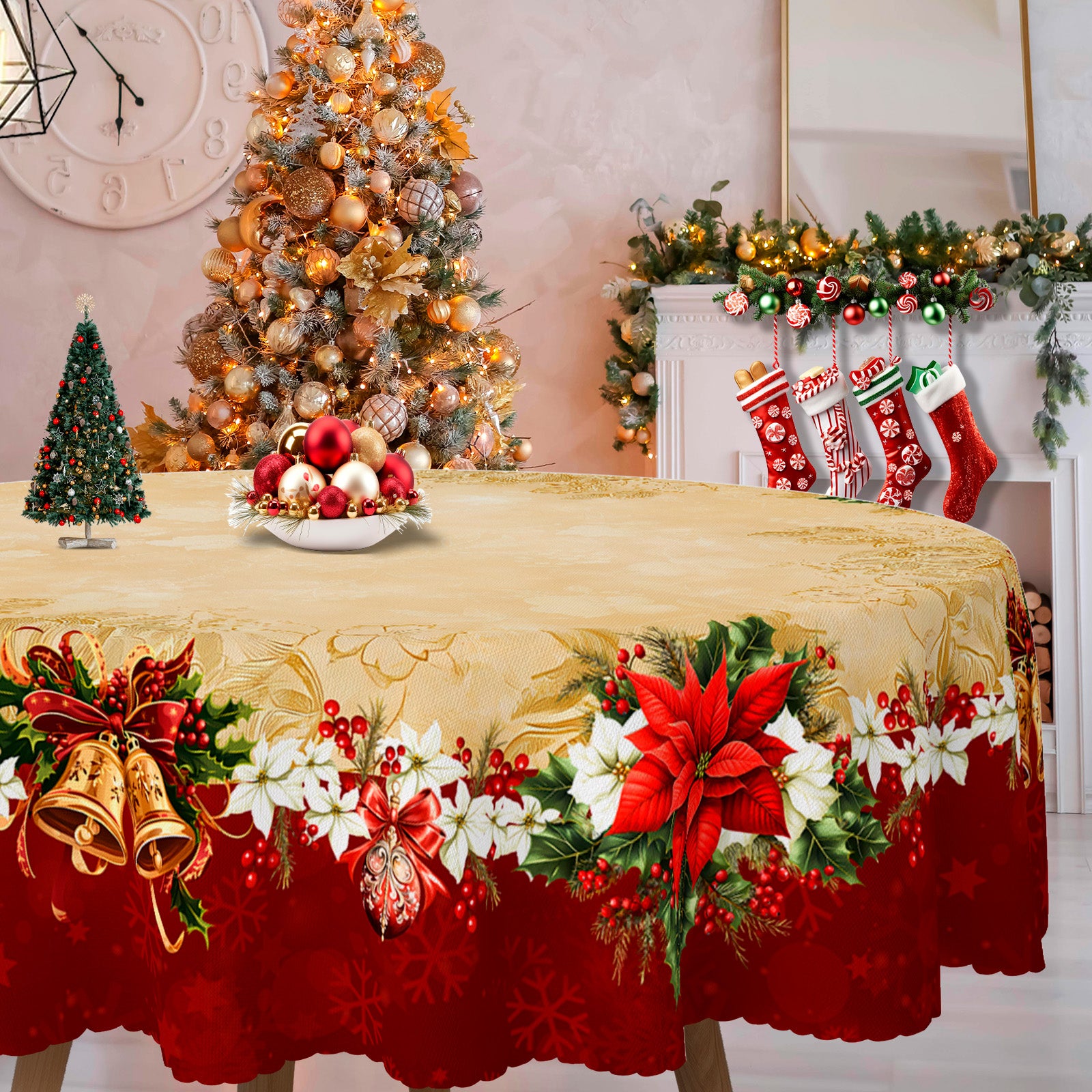 Christmas Tablecloth, Santa Claus and Christmas tree Stain-Resistant Table Cover for Dining Table Holiday Decoration