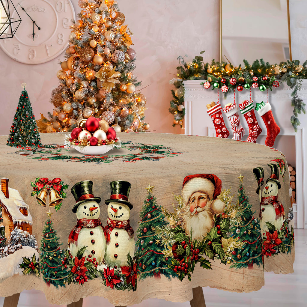 Christmas Tablecloth, Santa Claus and Christmas tree Stain-Resistant Table Cover for Dining Table Holiday Decoration