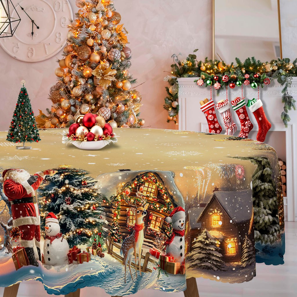 Christmas Tablecloth with Santa, Reindeer and Snowman Designs, Dustproof Dining Table Cover for Festive Holiday Decor