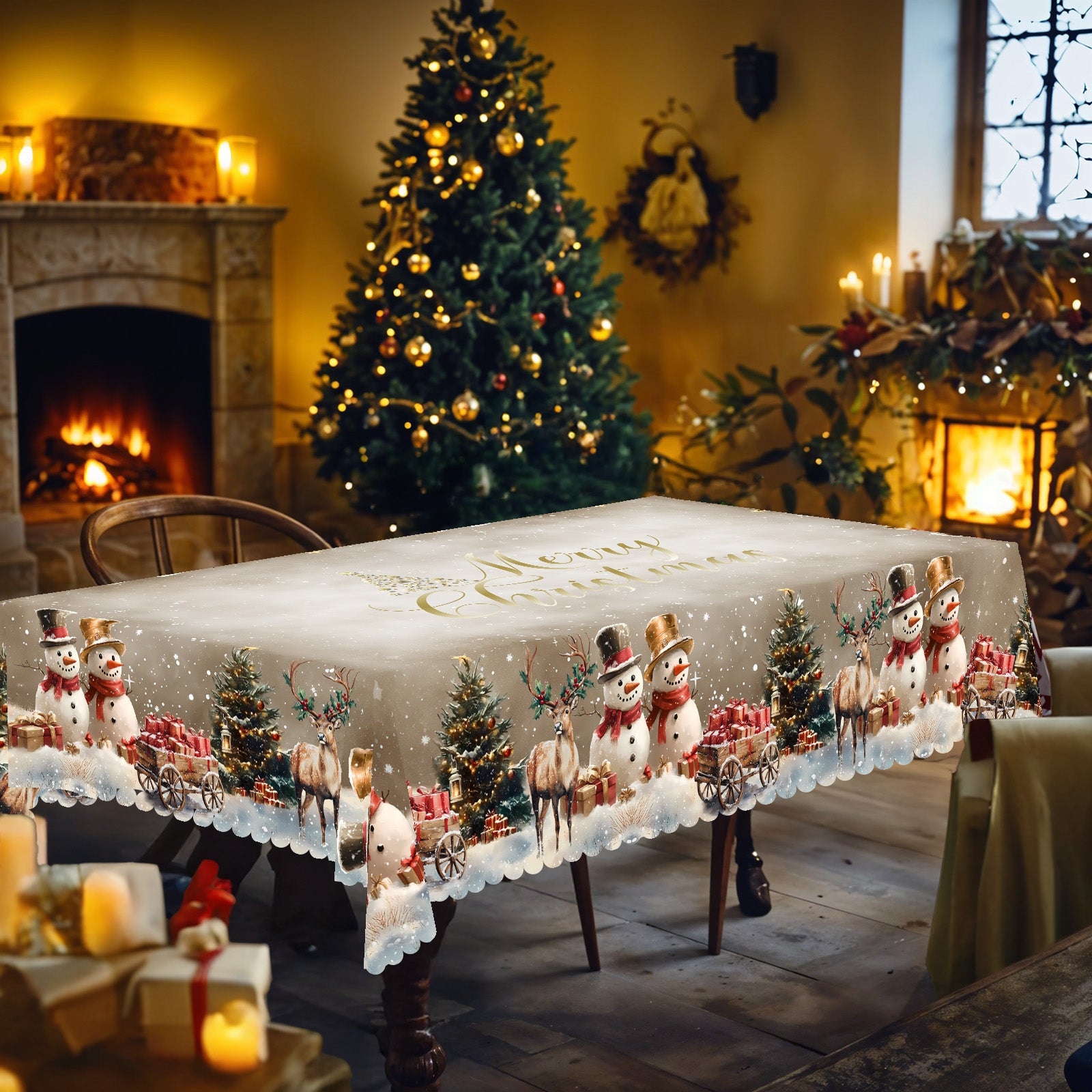 Christmas Tablecloth, Winter Snowman Christmas House Christmas Trees Tablecloth Washable Tablecloth for Party Picnic Dinner Decor